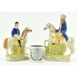 TWO STAFFORDSHIRE HORSE RIDING FIGURINES & A FARMER'S MUG