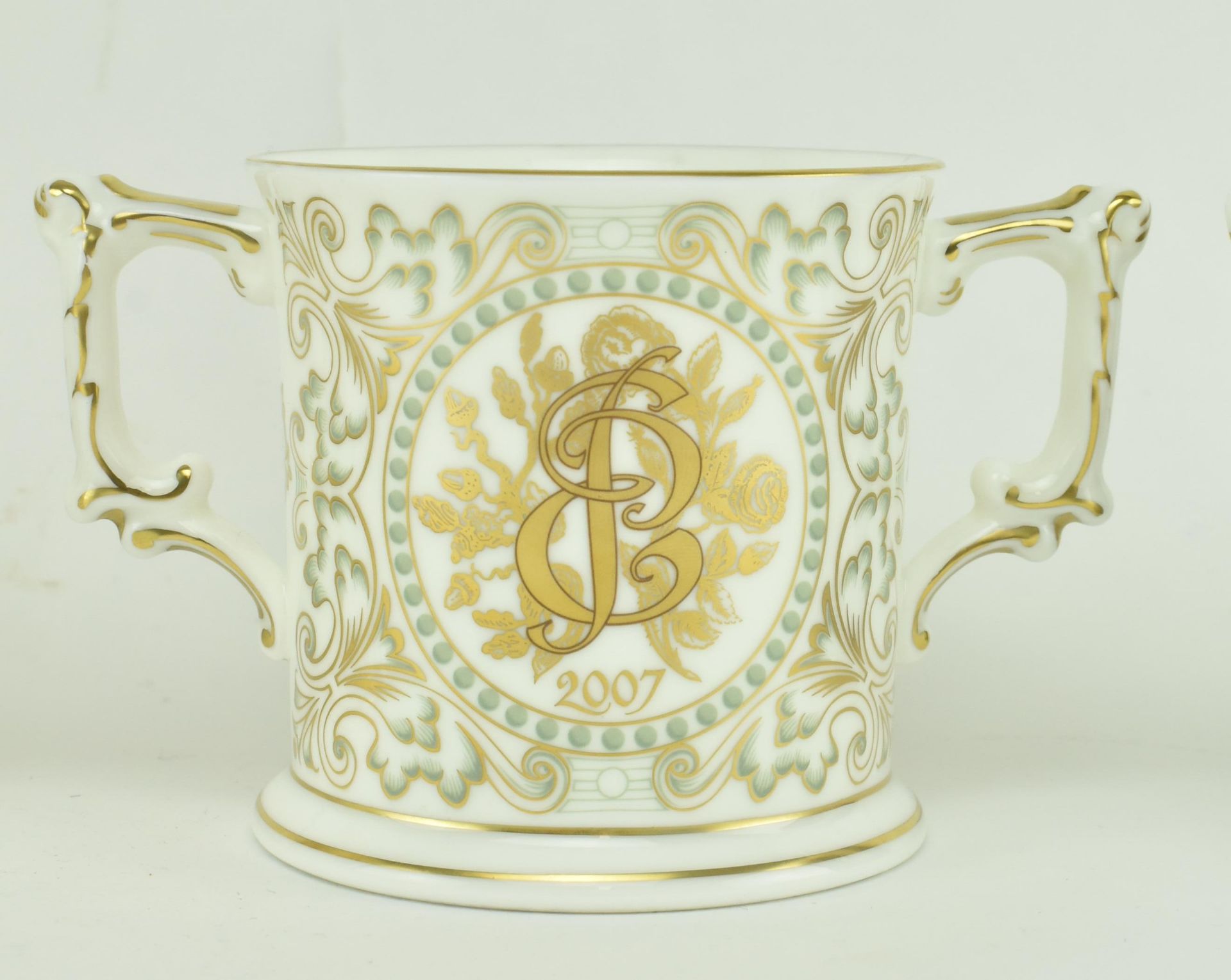 FOUR ROYAL CROWN DERBY BONE CHINA TWIN-HANDLED LOVING CUPS - Image 4 of 8