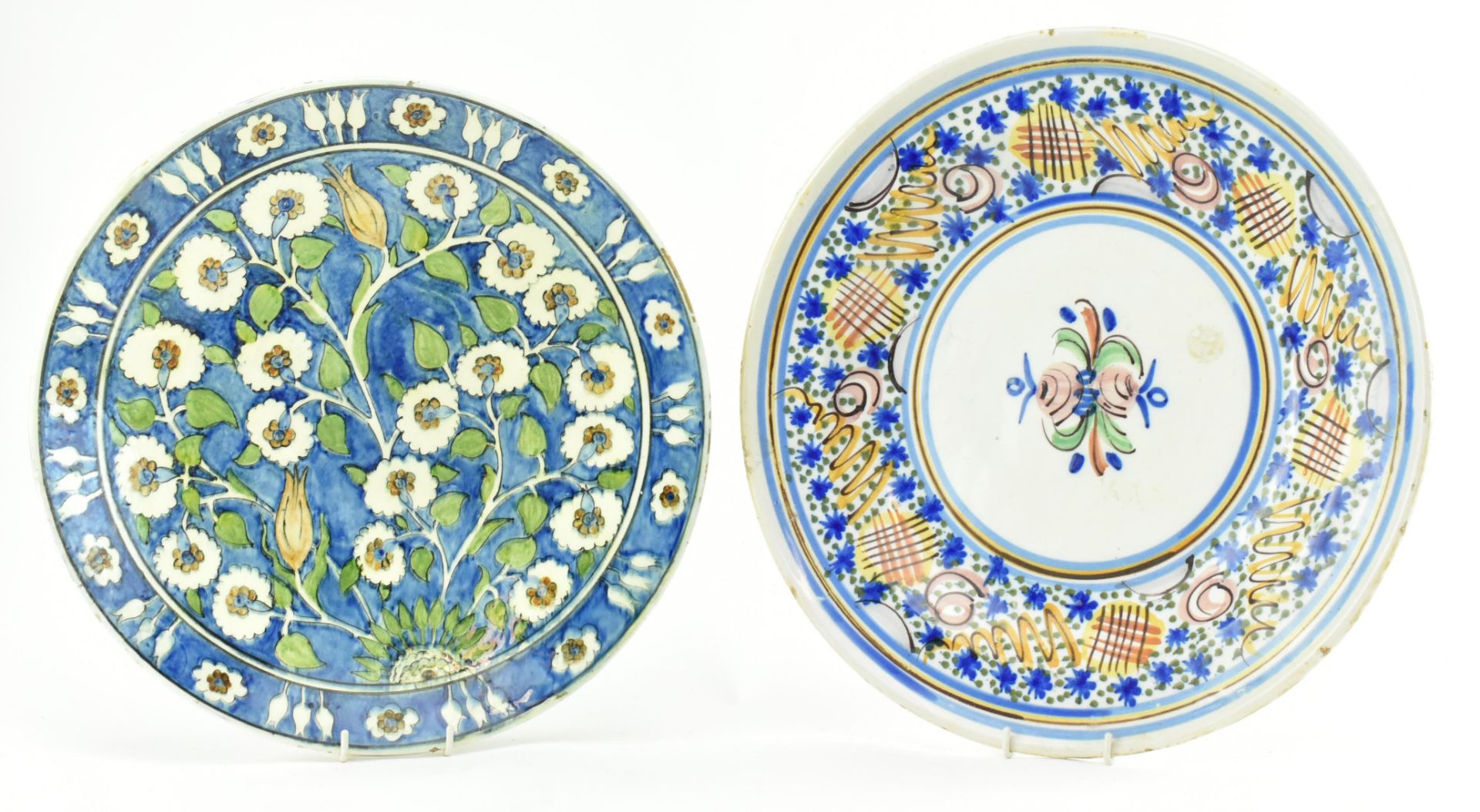 TWO LARGE IZNIK STYLE MAJOLICA TIN GLAZED CERAMIC PLATES