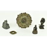 GROUP OF FOUR INDIAN METAL PIECES AND A WOODEN BUDDHA
