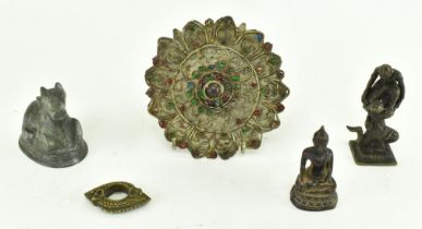 GROUP OF FOUR INDIAN METAL PIECES AND A WOODEN BUDDHA