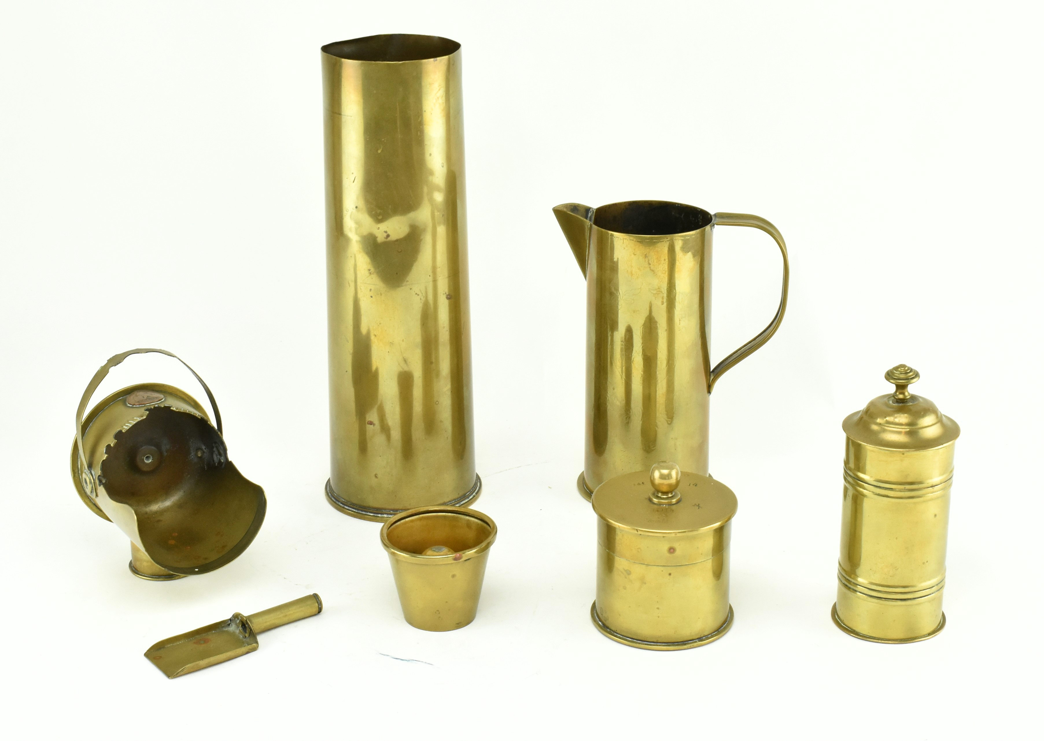 TRENCH ART - COLLECTION OF SIX WWI REPURPOSED ARTILLERY SHELL