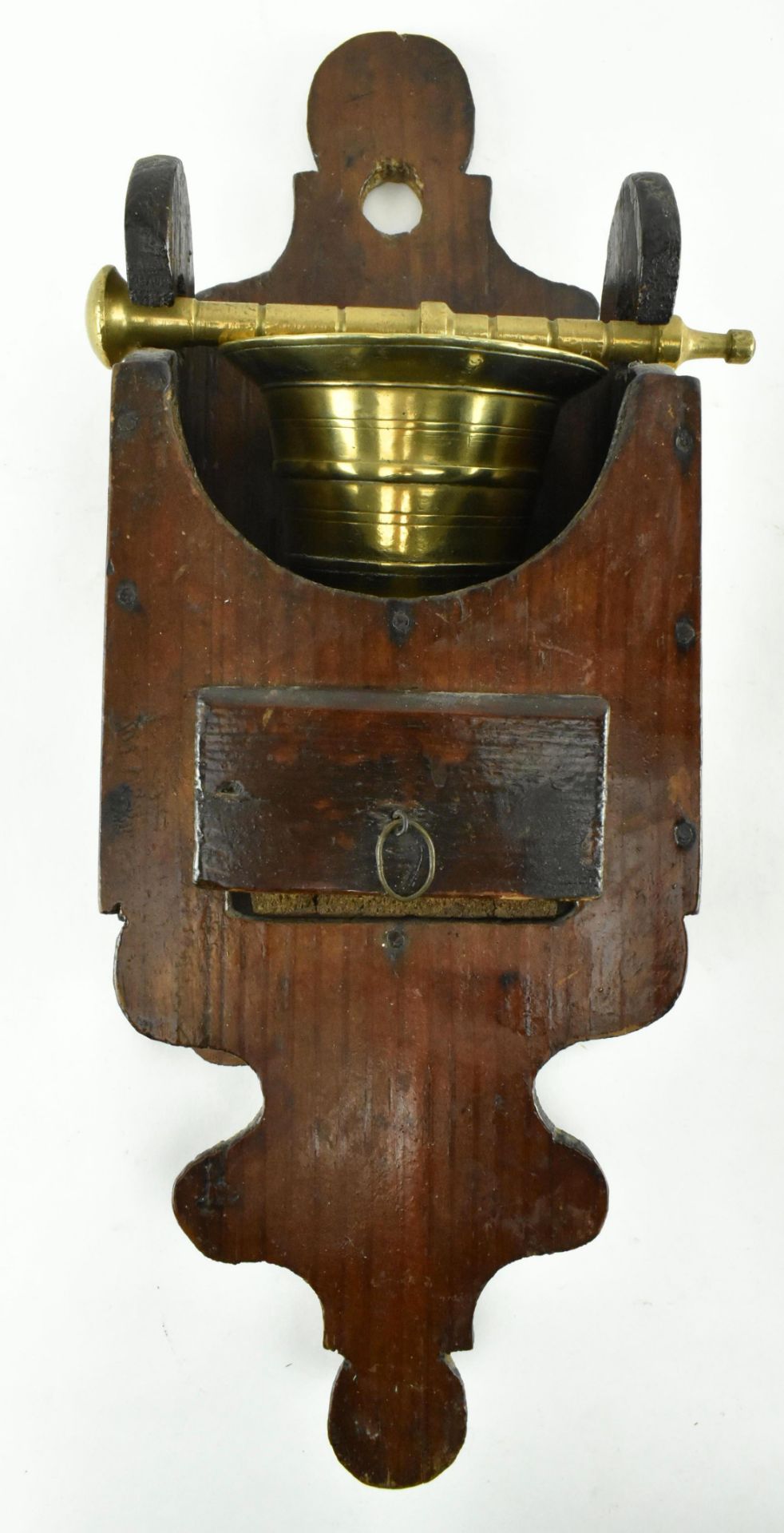 INDIAN BRASS PESTLE & MORTAR IN WOODEN WALL BRACKET