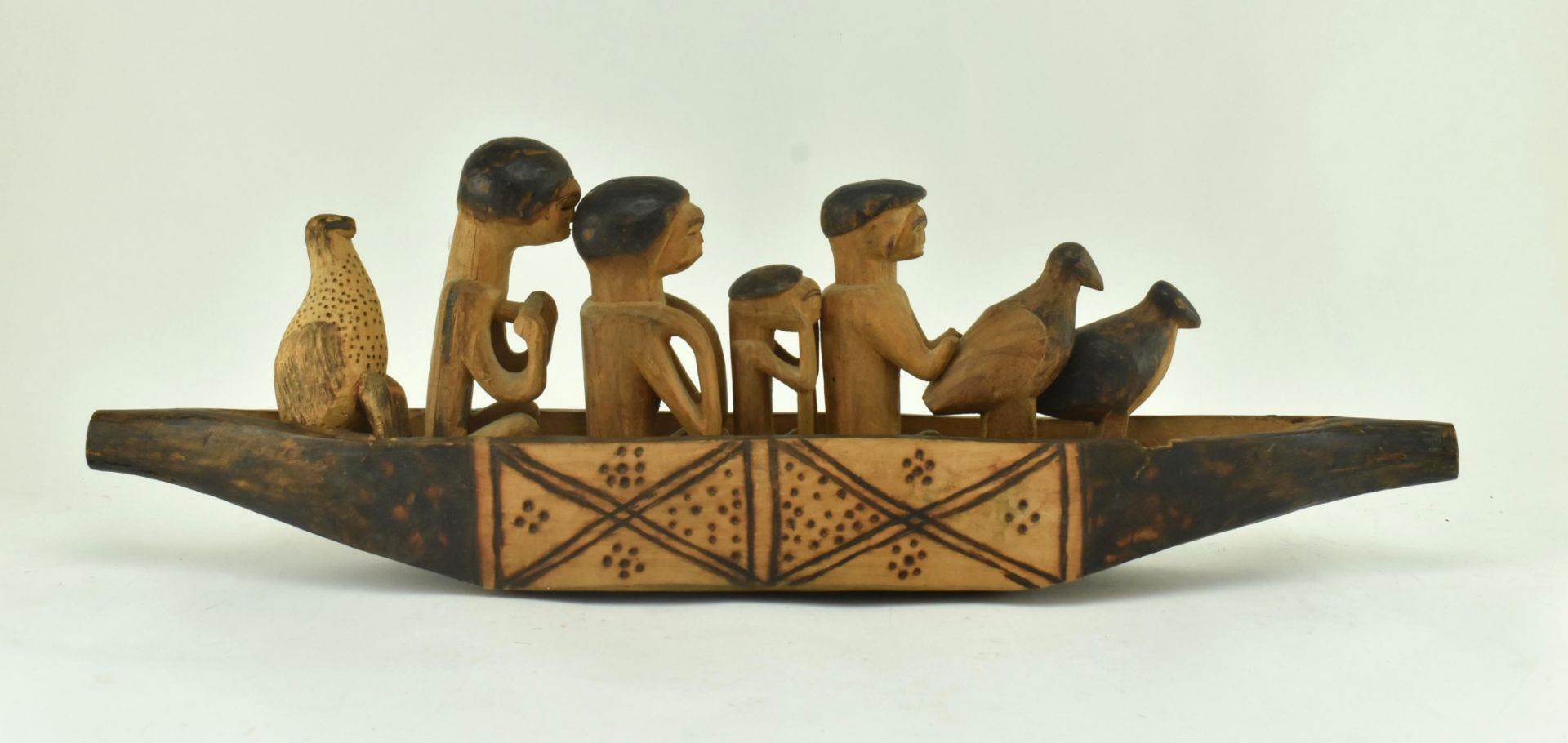 AFRICAN TRIBAL CARVED WOODEN SHIP WITH PEG SAILORS