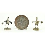 PAIR OF JAPANESE BRONZE HERONS AND A BRONZE DRAGON PLATE