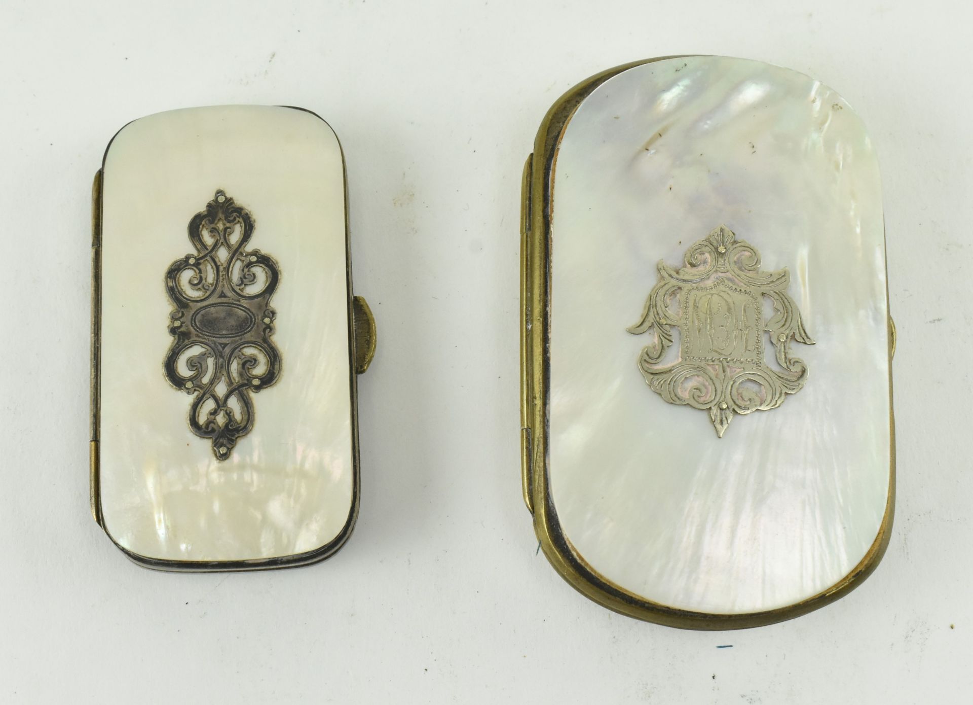 TWO MOTHER OF PEARL AND SILVER MATCHSTICK CASES