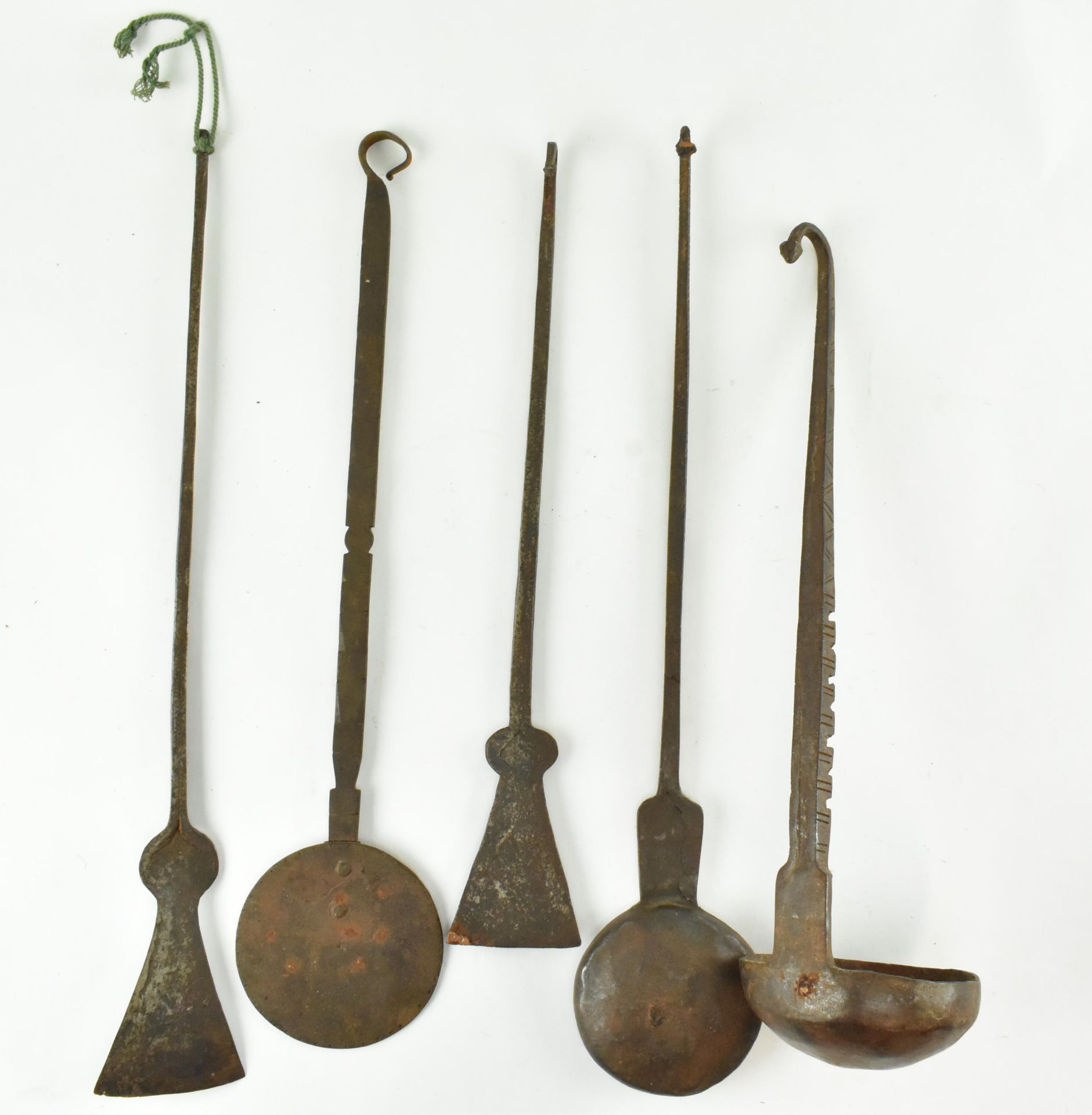 FIVE 19TH CENTURY INDIAN IRON GHEE UTENSILS, INCL. LADLE - Image 4 of 4