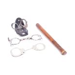 VINTAGE HANDCUFFS & WOODEN POLICE BATON