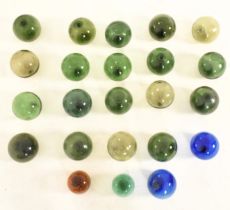 TWENTY-THREE HANDBLOWN GREEN & BLUE GLASS FISHING FLOATS