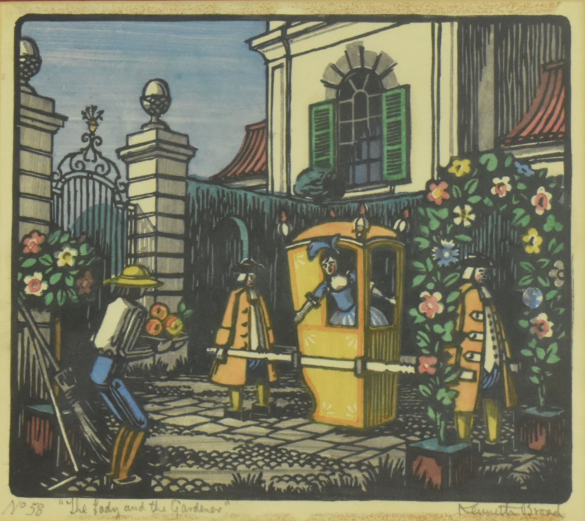 KENNETH BROAD - THE LADY AND THE GARDENER - WOODBLOCK PRINT