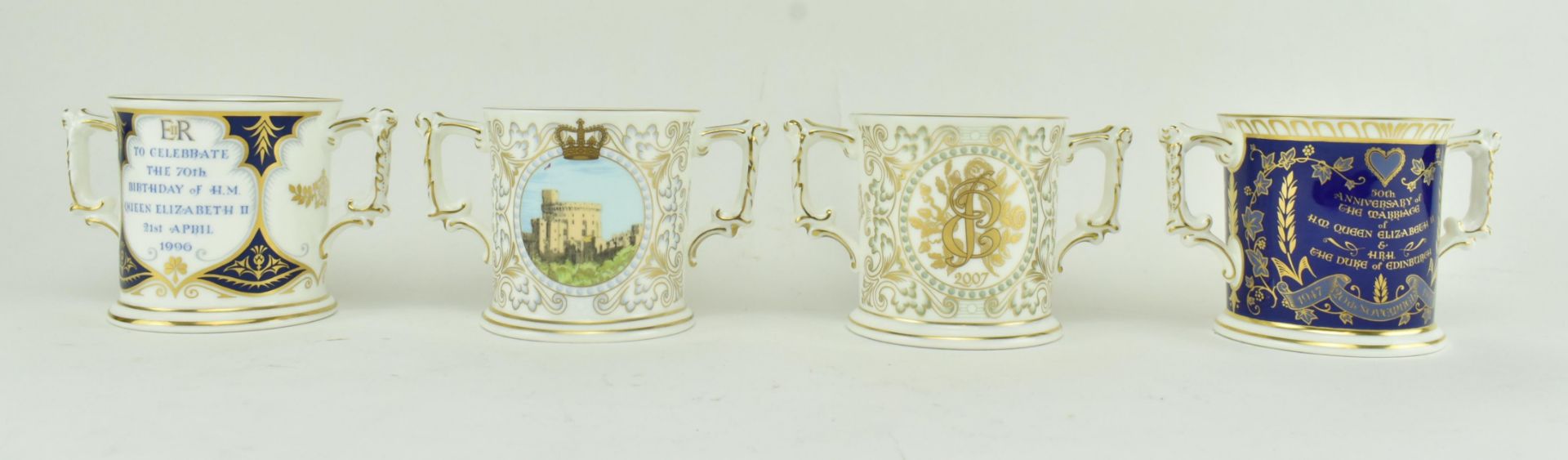 FOUR ROYAL CROWN DERBY BONE CHINA TWIN-HANDLED LOVING CUPS - Image 2 of 8
