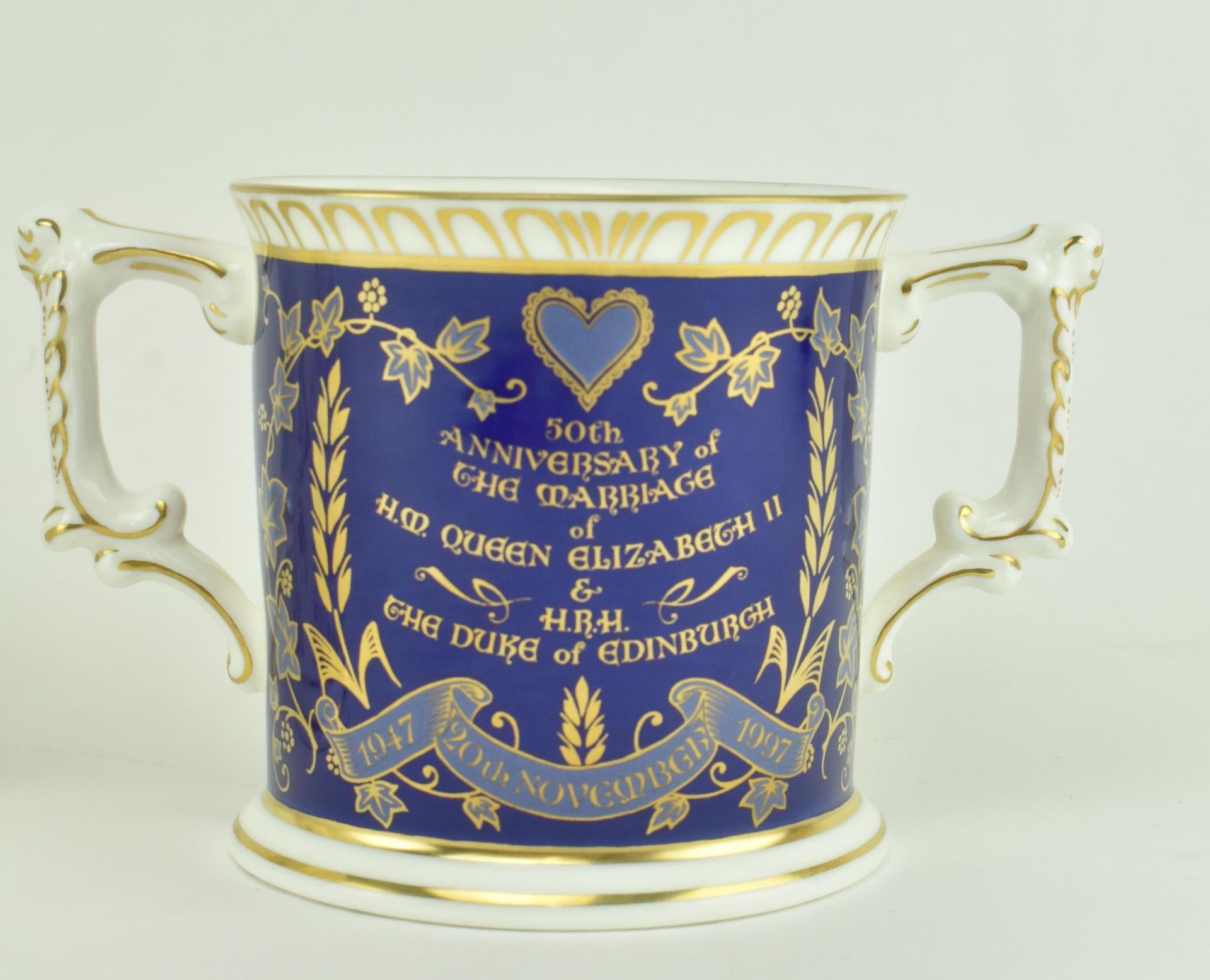 FOUR ROYAL CROWN DERBY BONE CHINA TWIN-HANDLED LOVING CUPS - Image 3 of 8