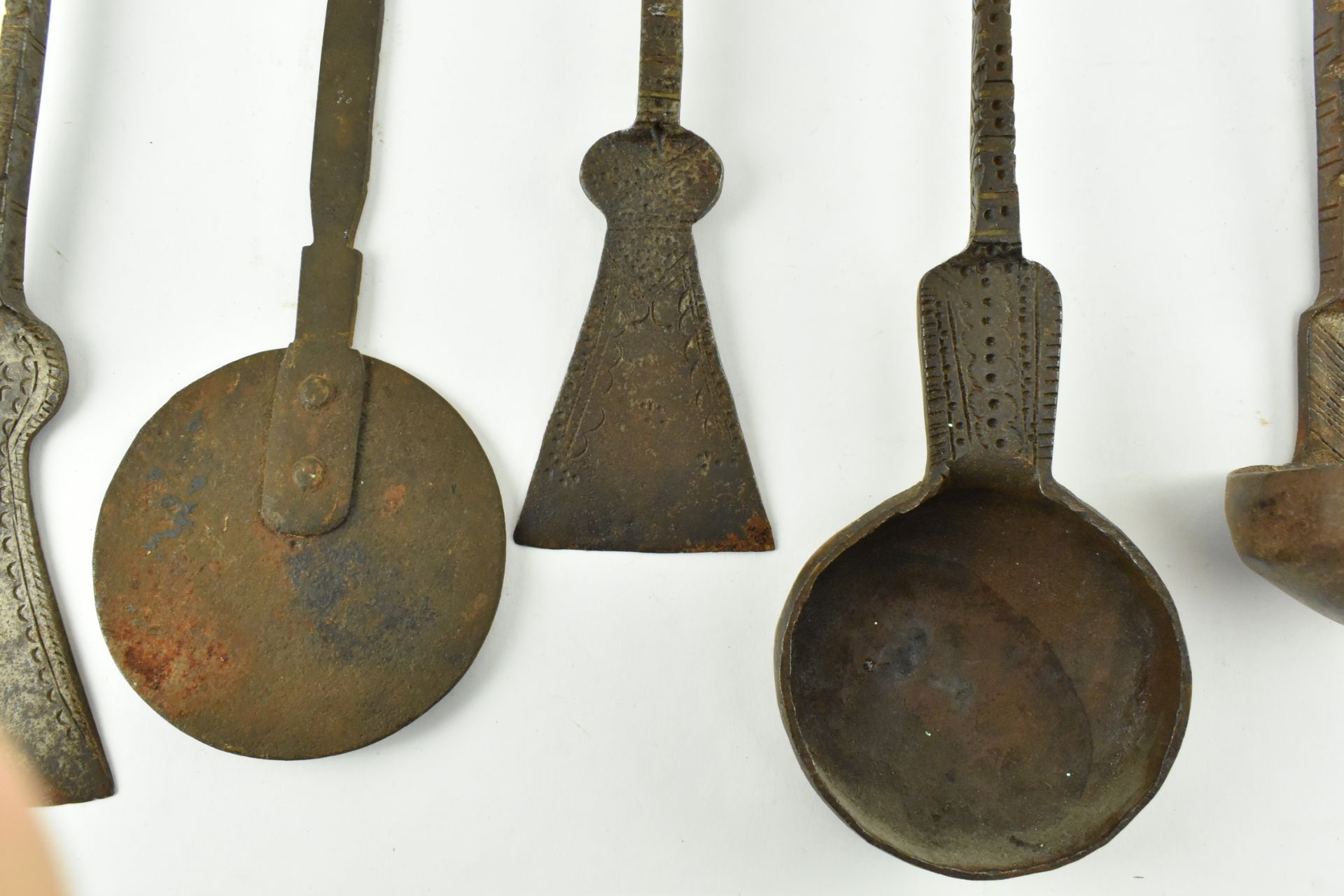 FIVE 19TH CENTURY INDIAN IRON GHEE UTENSILS, INCL. LADLE - Image 3 of 4