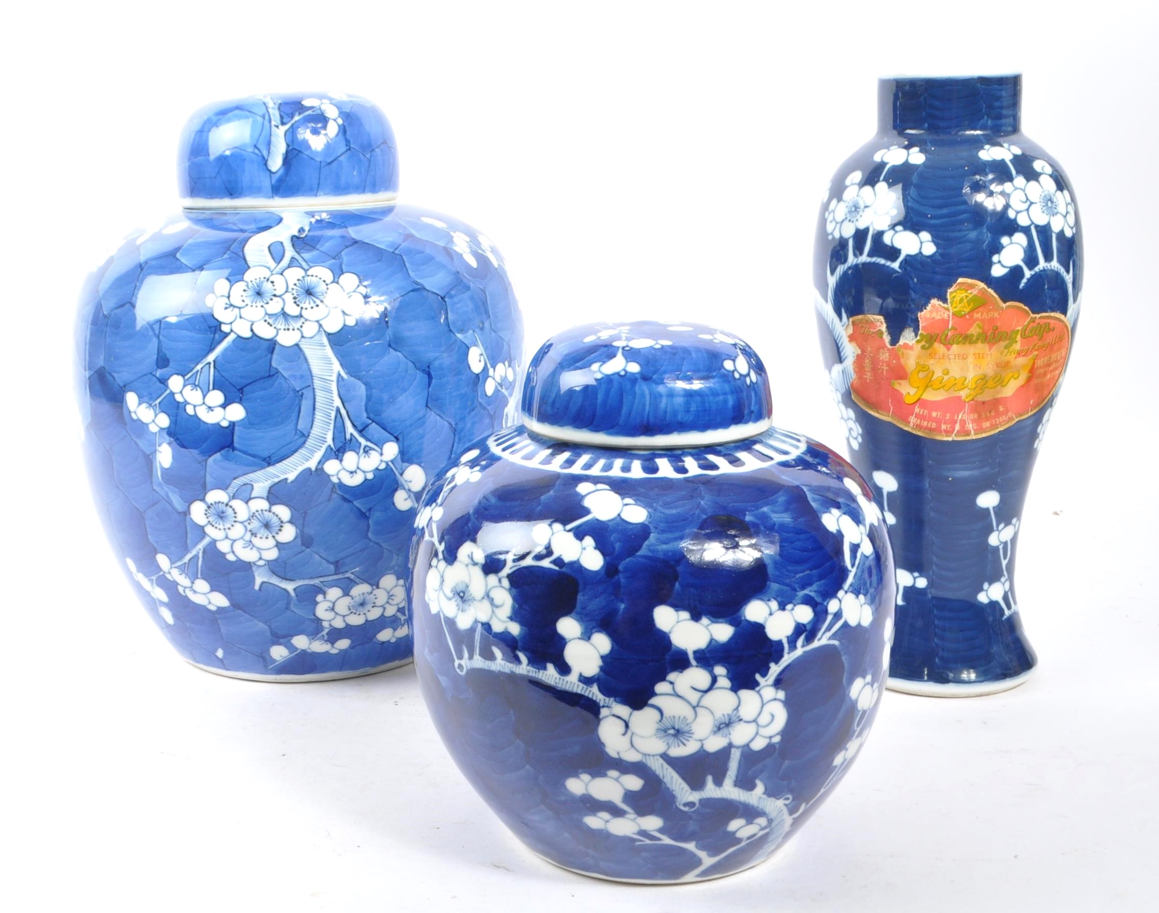 TWO LARGE PRUNUS PATTERN GINGER JARS WITH VASE