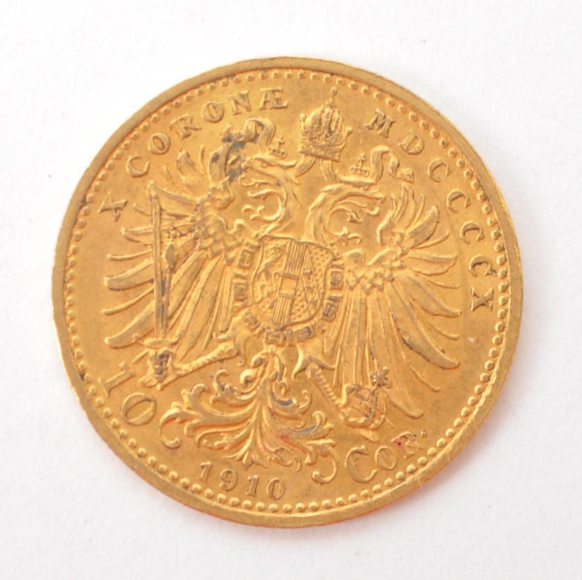 AUSTRIAN 1910 10 CORONA FRANZ JOSEPH 900 GOLD COIN - Image 2 of 2