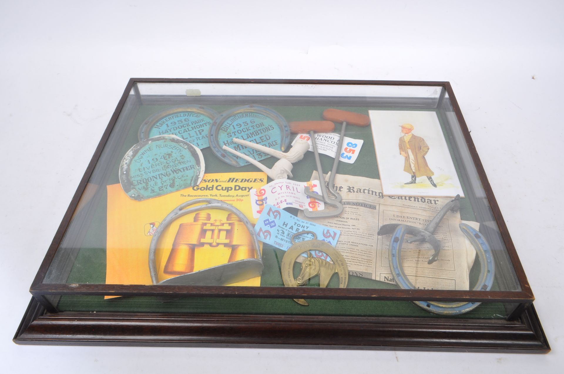 EQUESTRIAN INTEREST - GLASS DISPLAY CASE W/ HORSE RACING ITEMS - Image 2 of 7