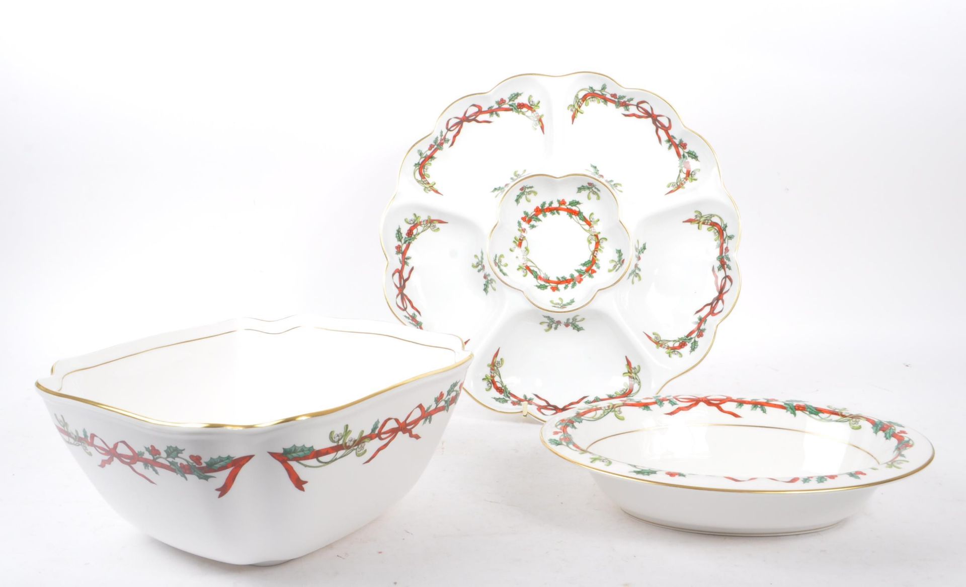 ROYAL WORCESTER - THREE CHINA PIECES IN HOLLY RIBBONS PATTERN
