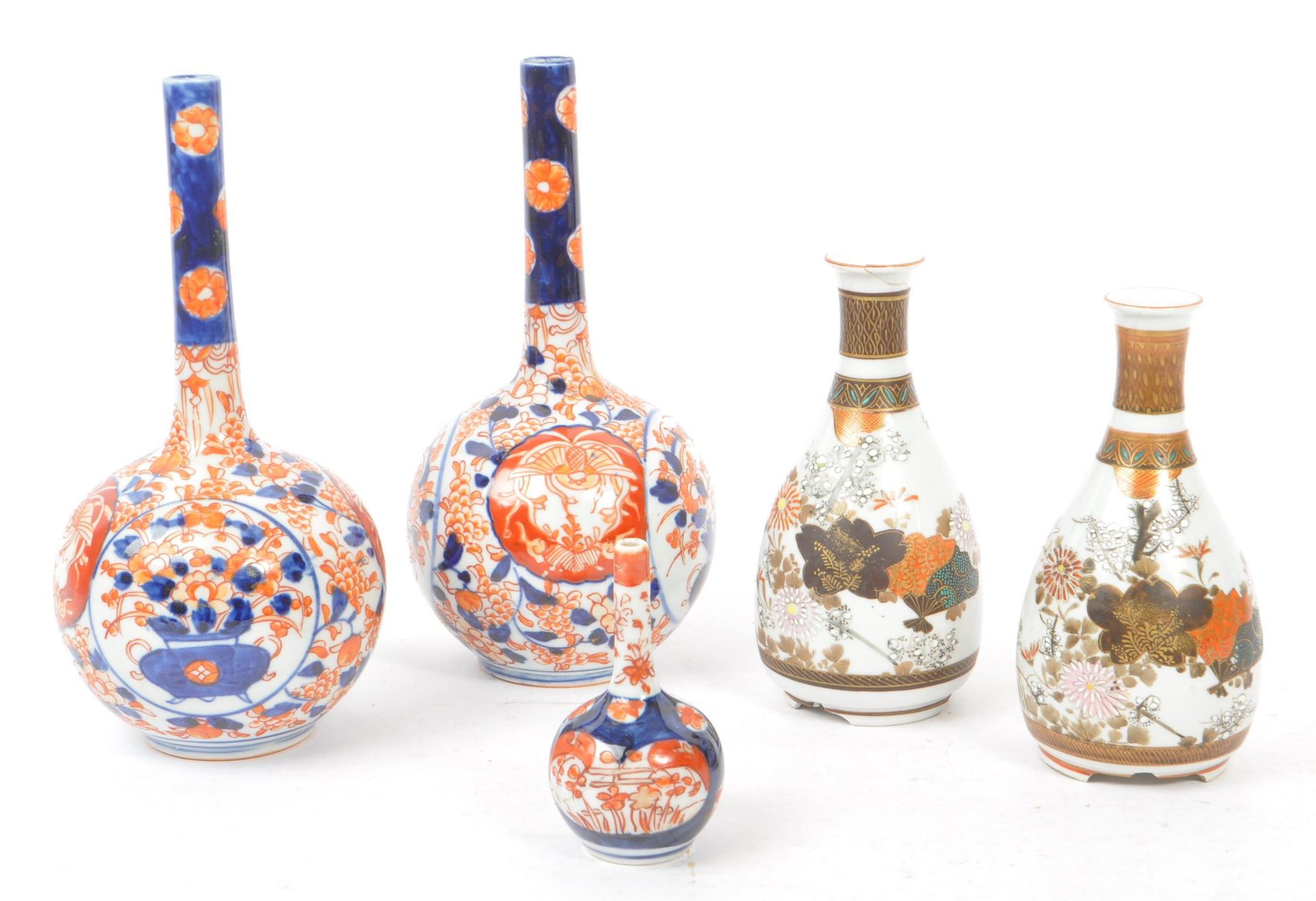 FIVE JAPANESE PORCELAIN VASES - SATSUMA & IMARI