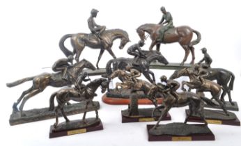 COLLECTION OF BRONZE EFFECT RACING HORSE & RIDERS FIGURES