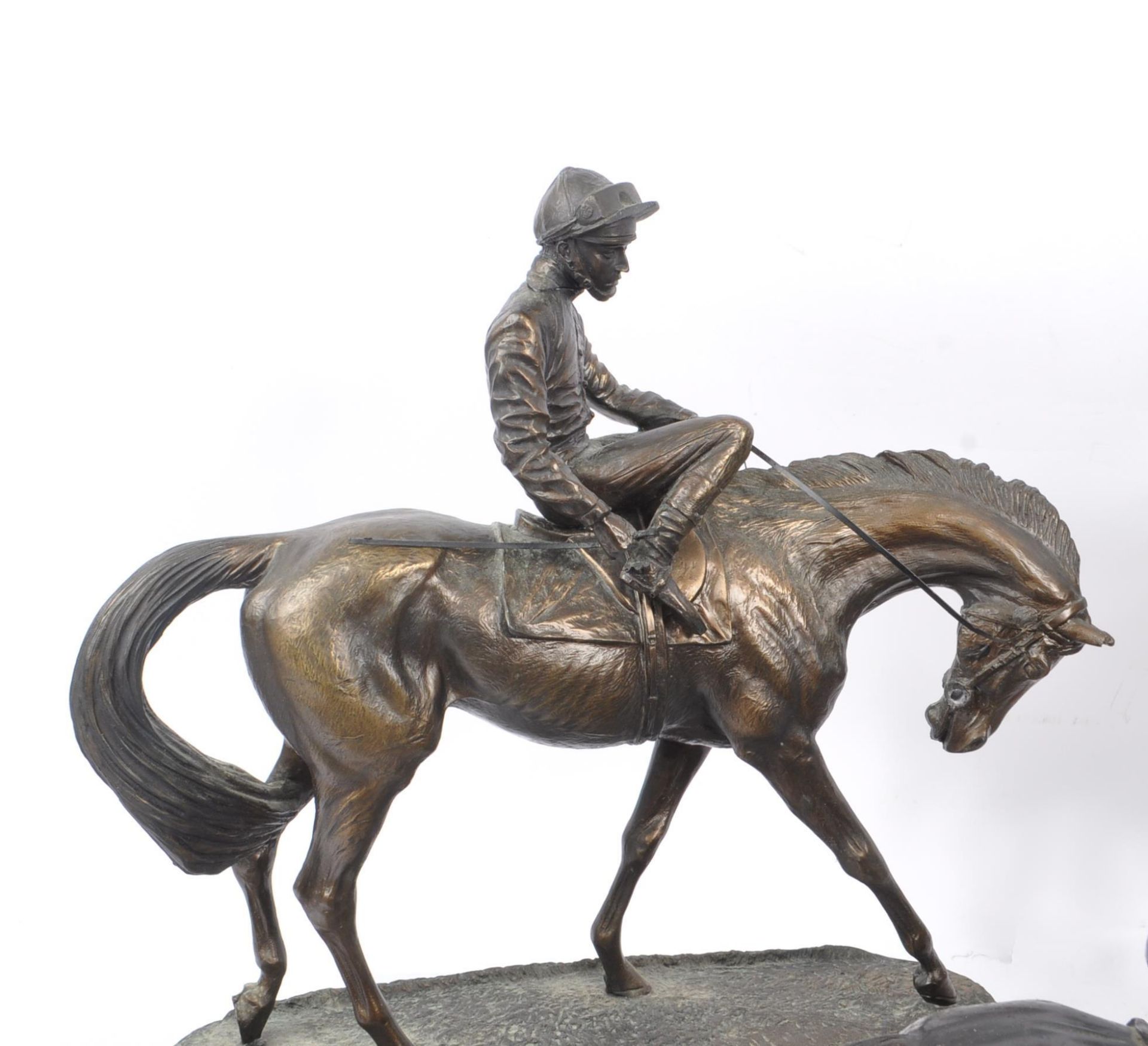 COLLECTION OF BRONZE EFFECT RACING HORSE & RIDERS FIGURES - Image 6 of 8