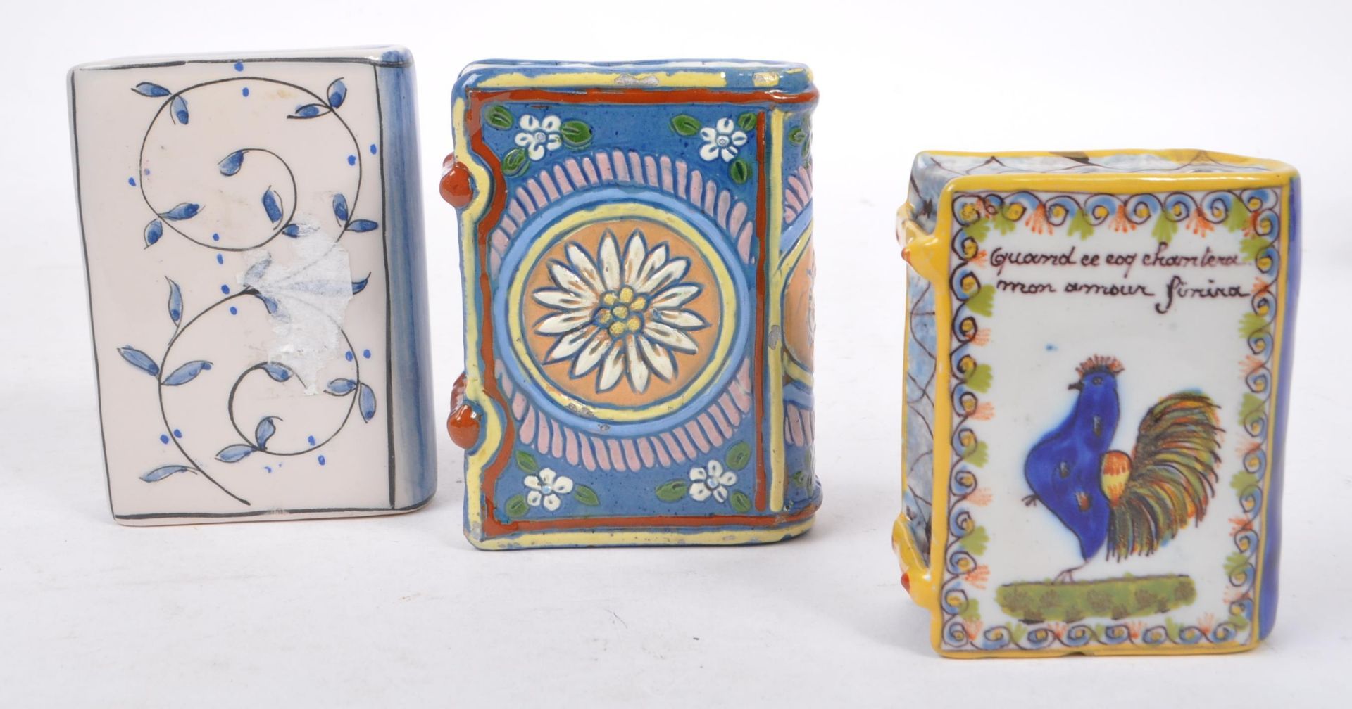 THREE CERAMIC HAND PAINTED BOTTLES IN THE FORM OF BOOKS - Image 3 of 6