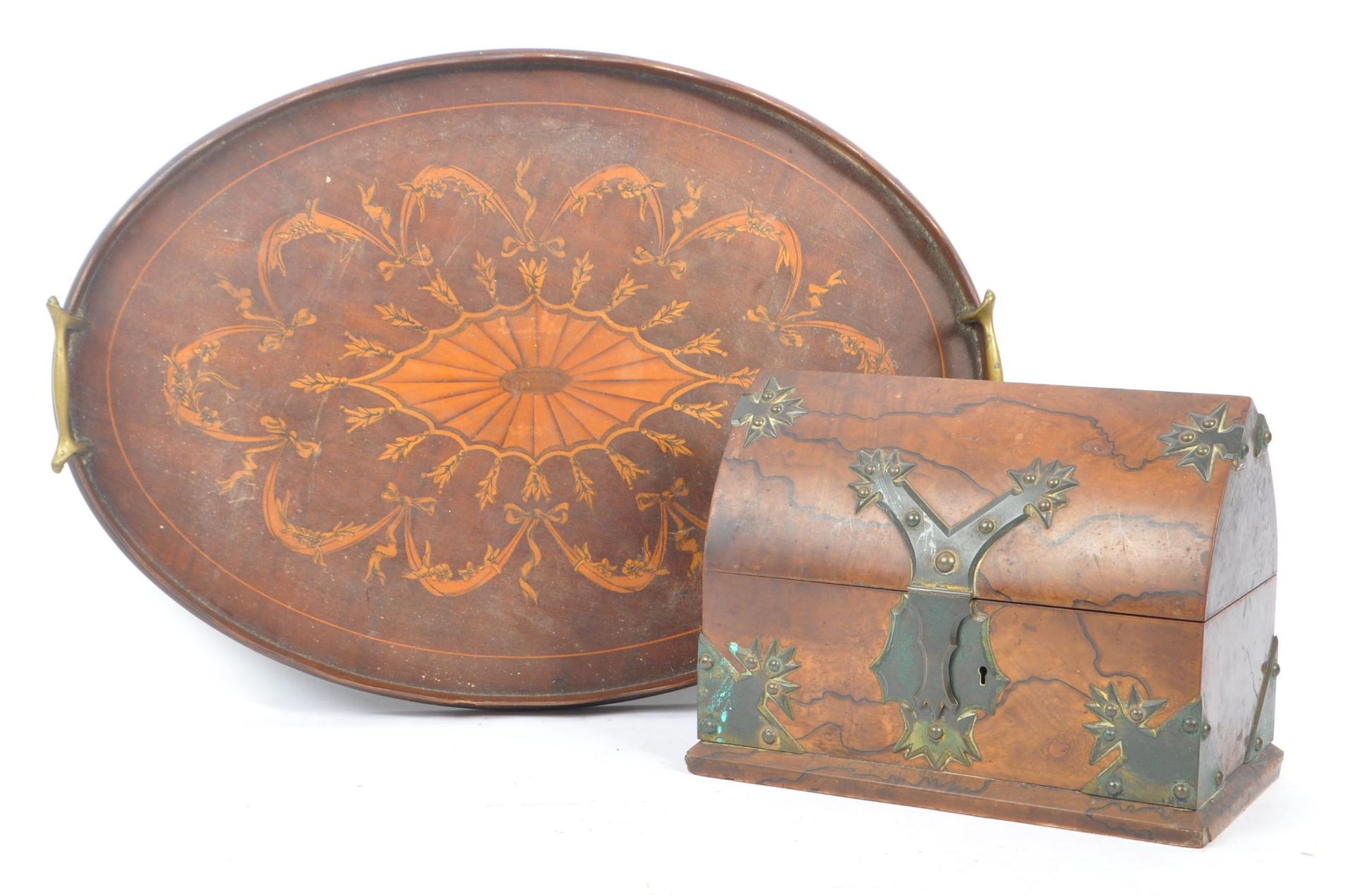 EARLY 20TH CENTURY INLAID TRAY WITH GOTHIC BOX