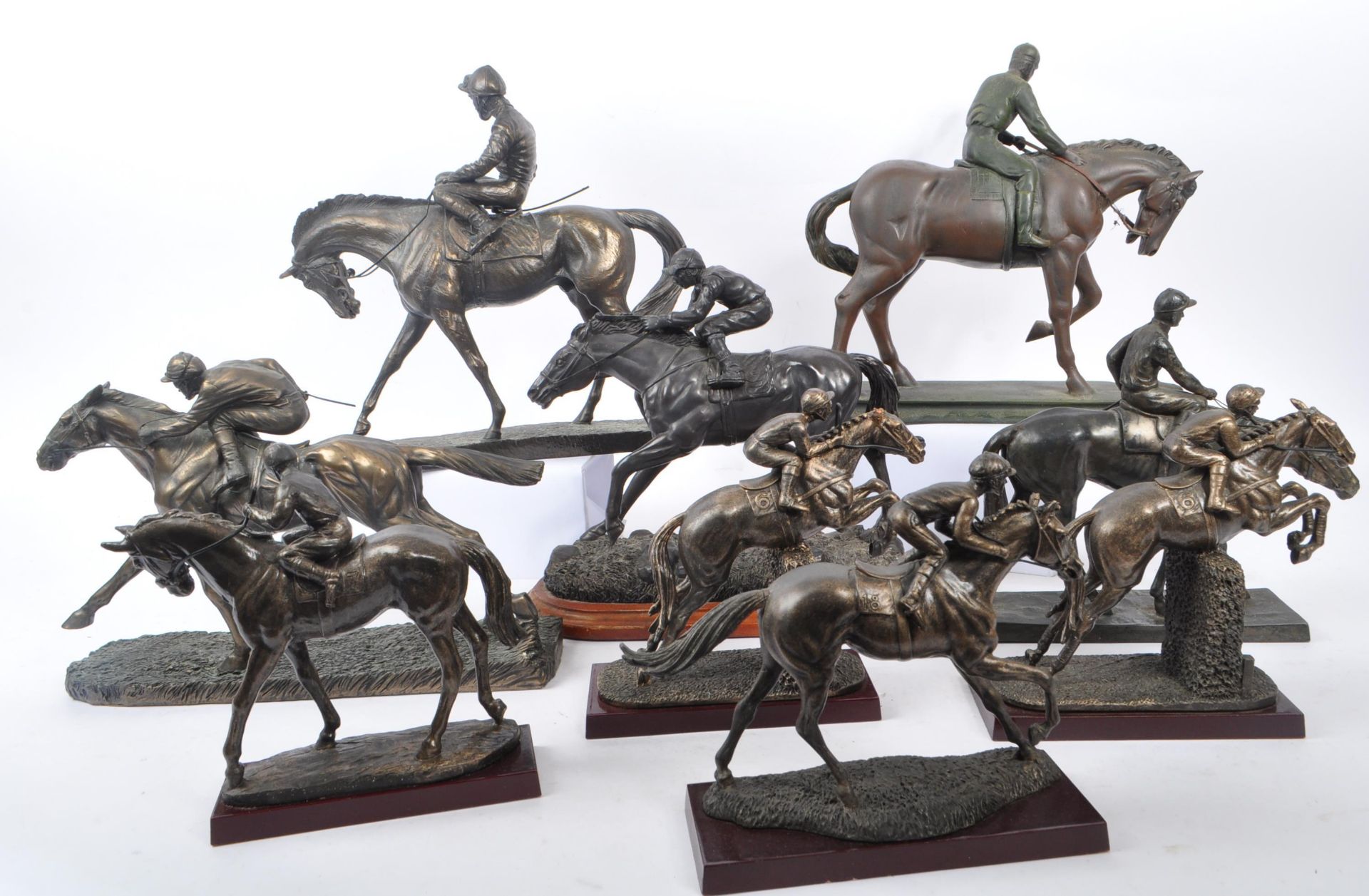 COLLECTION OF BRONZE EFFECT RACING HORSE & RIDERS FIGURES - Image 8 of 8