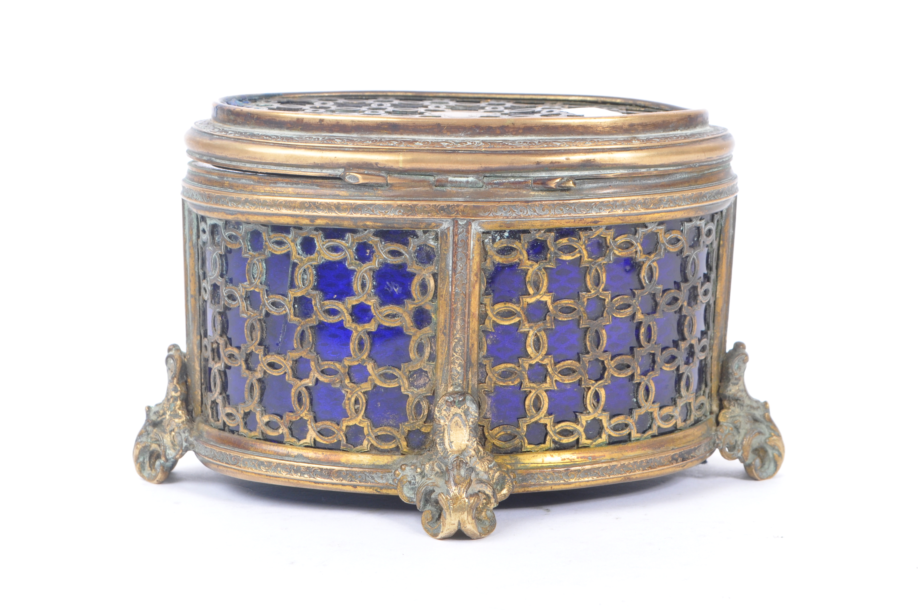 EARLY 20TH CENTURY BRASS AND BLUE GLASS TRINKET BOX - Image 3 of 6