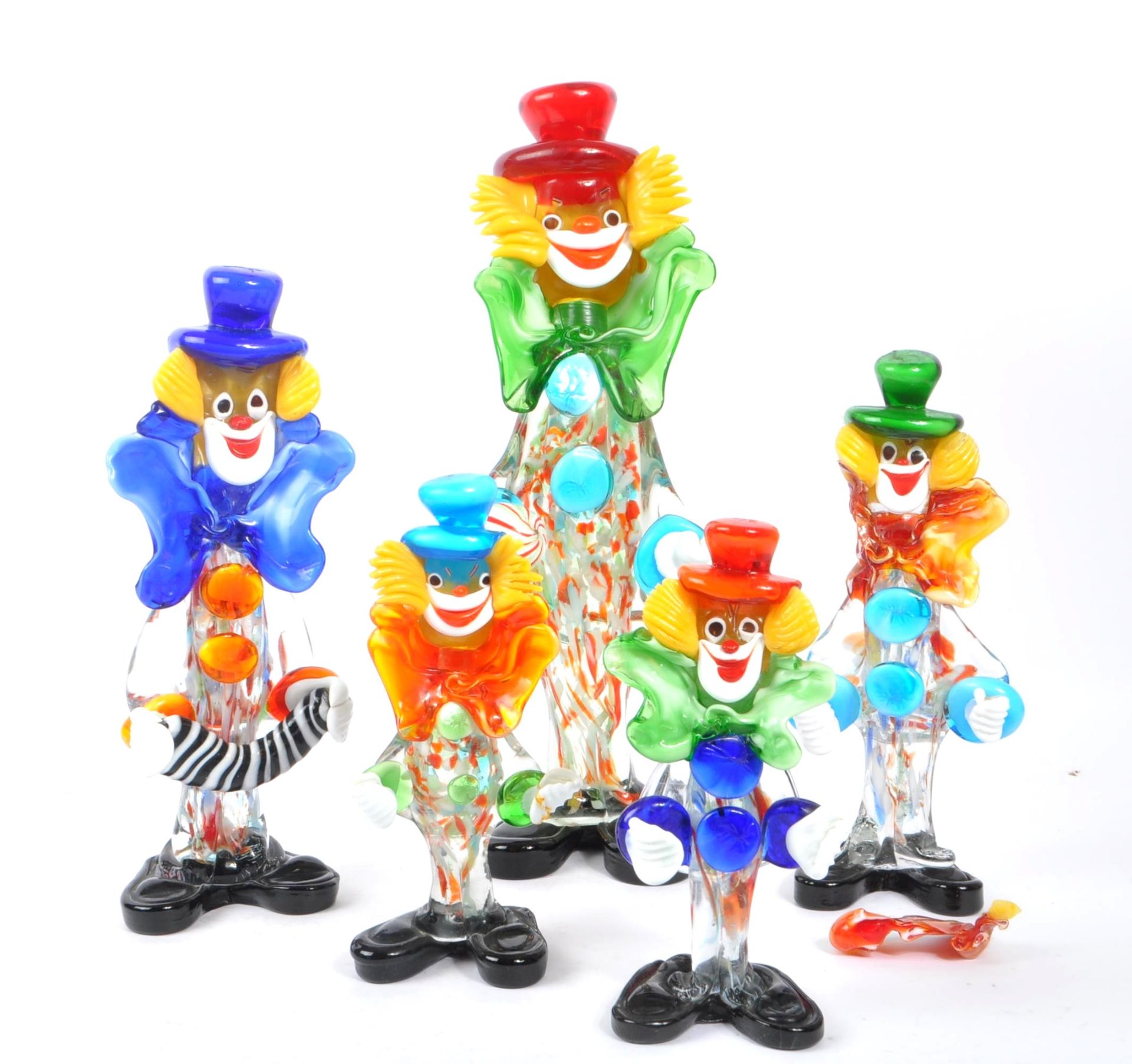 COLLECTION OF FIVE STUDIO GLASS MURANO CLOWNS