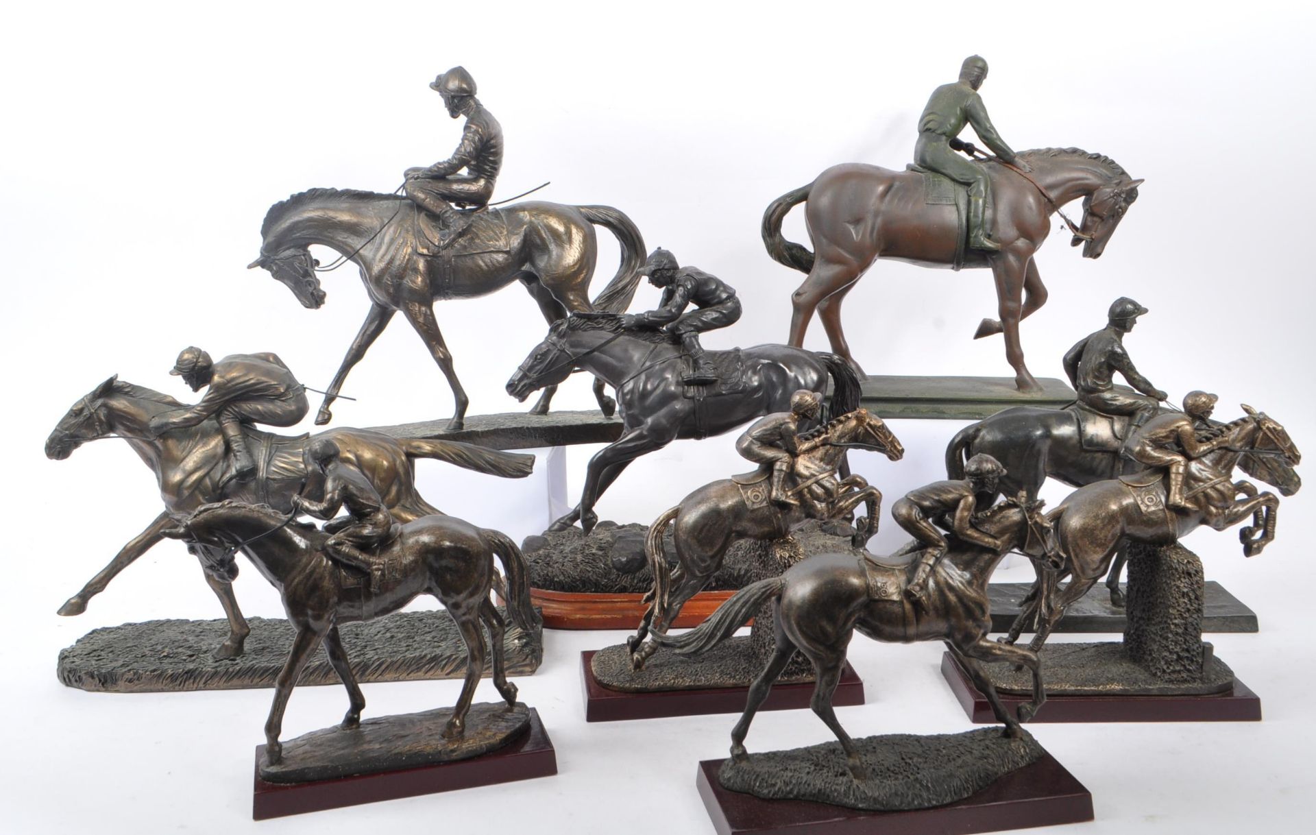 COLLECTION OF BRONZE EFFECT RACING HORSE & RIDERS FIGURES - Image 7 of 8