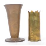 WWI BRASS TRENCH ART SHELL VASE WITH COPPER VASE