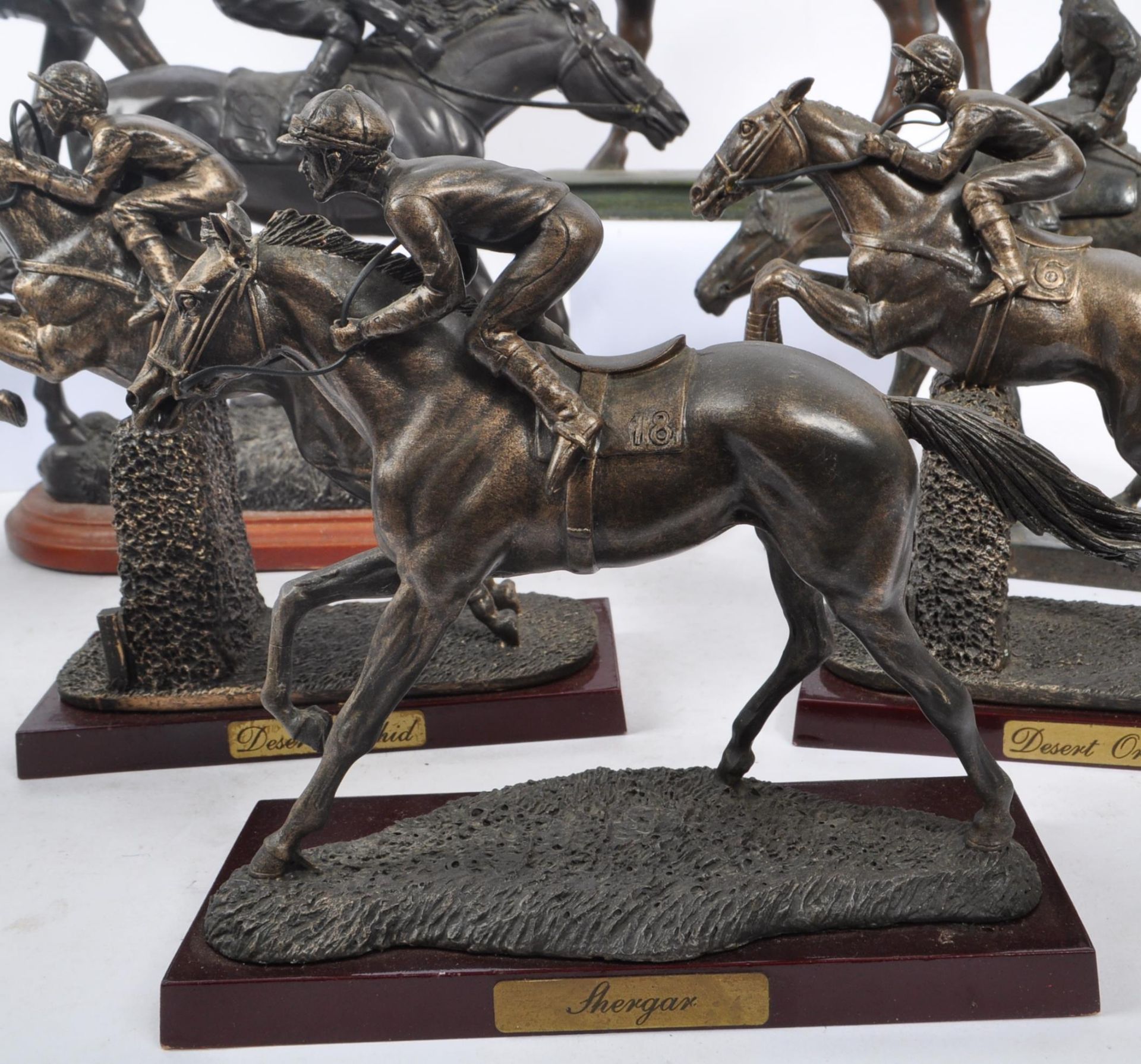 COLLECTION OF BRONZE EFFECT RACING HORSE & RIDERS FIGURES - Image 5 of 8