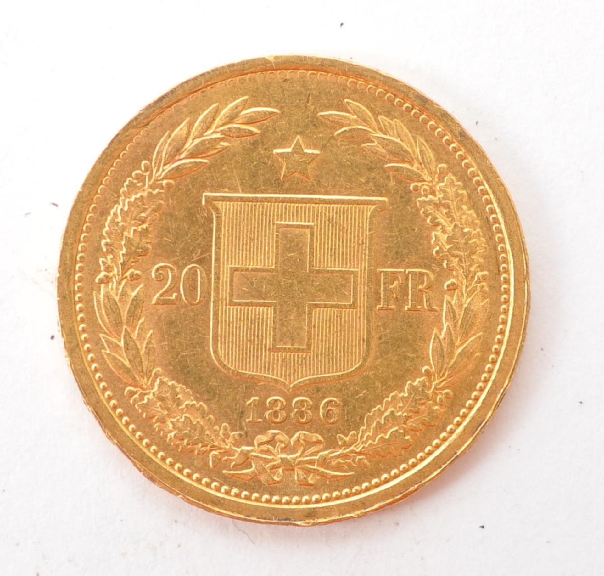 LATE 19TH CENTURY 1886 SWISS 20 FRANC GOLD COIN - Image 2 of 3