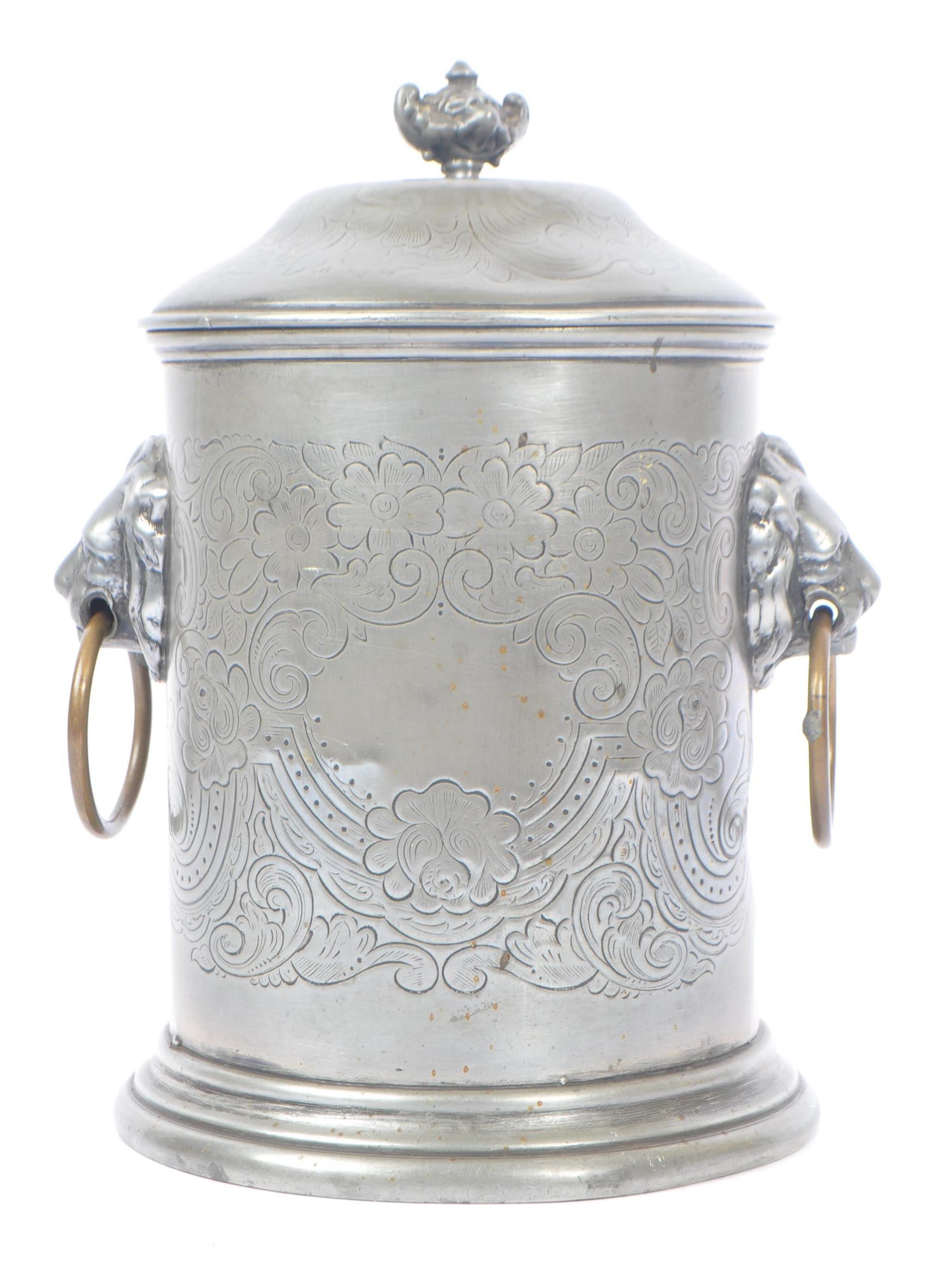 ANGLO-INDIAN PEWTER LIDDED TEA CADDY WITH LION HEAD HANDLES