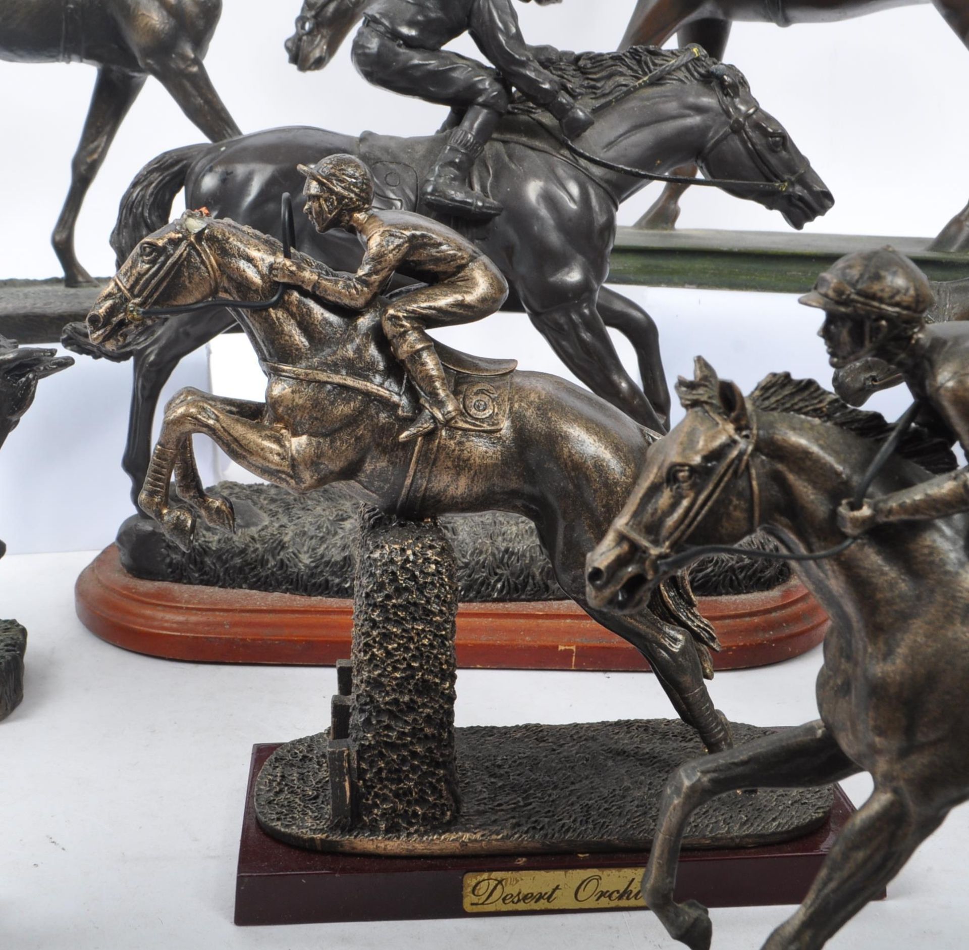 COLLECTION OF BRONZE EFFECT RACING HORSE & RIDERS FIGURES - Image 2 of 8