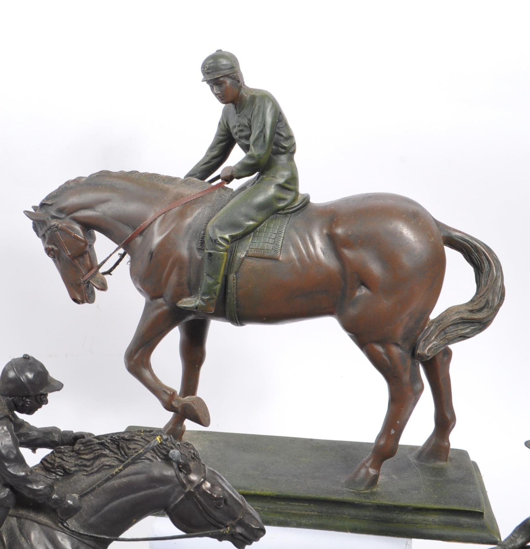 COLLECTION OF BRONZE EFFECT RACING HORSE & RIDERS FIGURES - Image 3 of 8