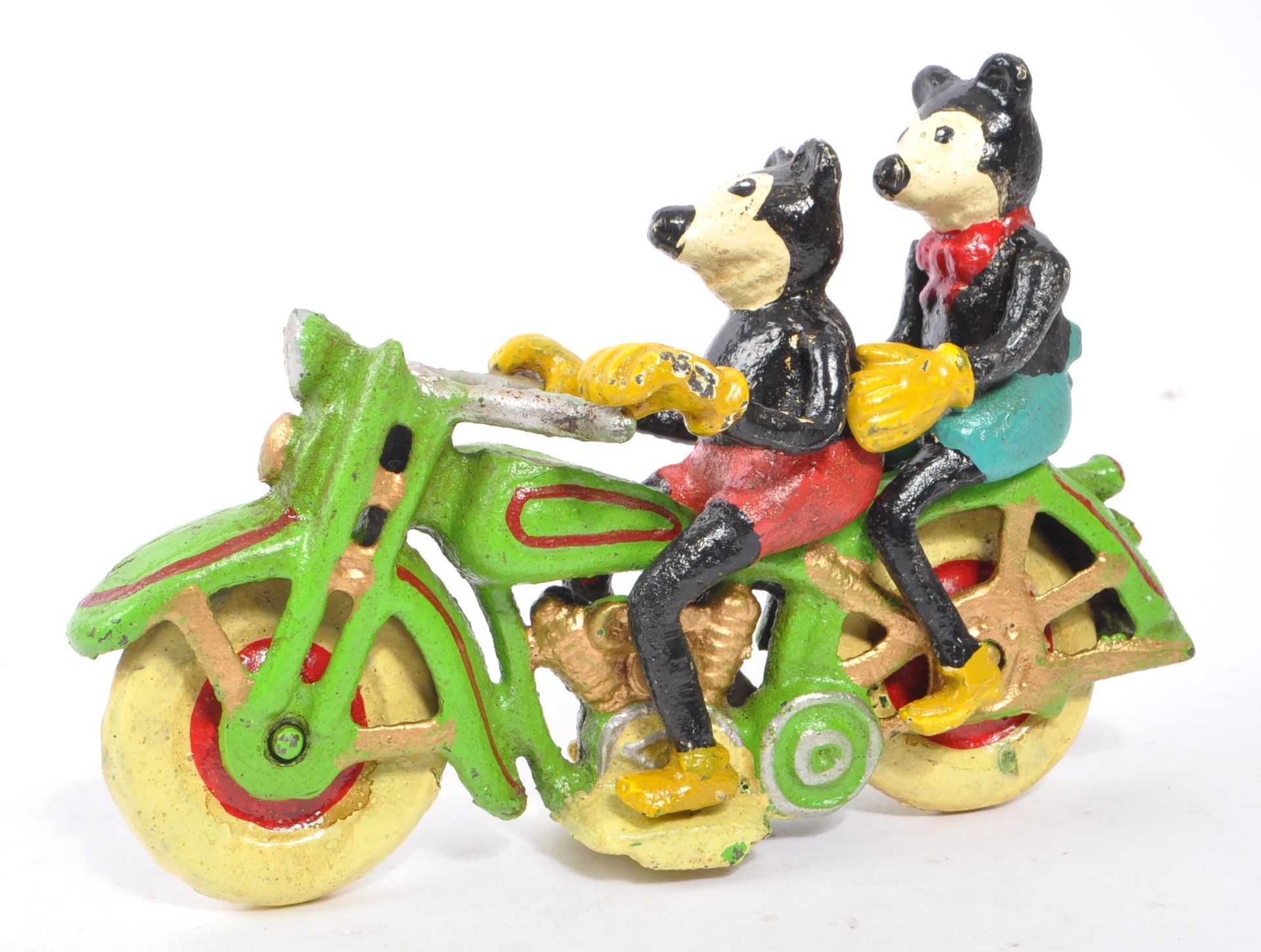 CAST IRON MICKEY AND MINNIE MOUSE ON MOTORCYCLE