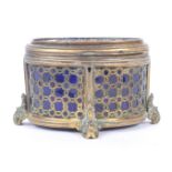 EARLY 20TH CENTURY BRASS AND BLUE GLASS TRINKET BOX