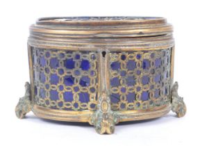 EARLY 20TH CENTURY BRASS AND BLUE GLASS TRINKET BOX