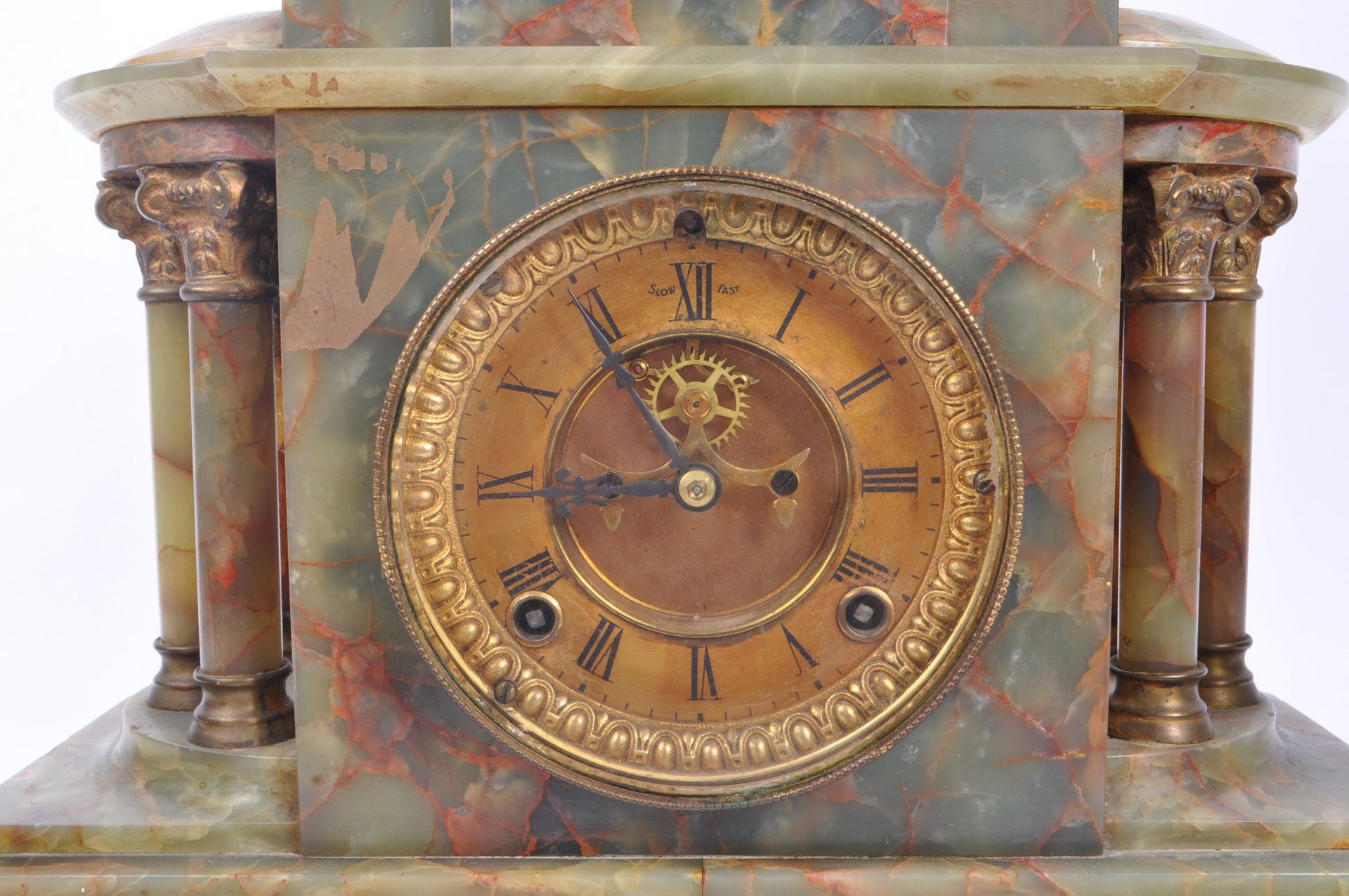 19TH CENTURY MARBLE ONYX MANTLE CLOCK GARNITURE - Image 2 of 6