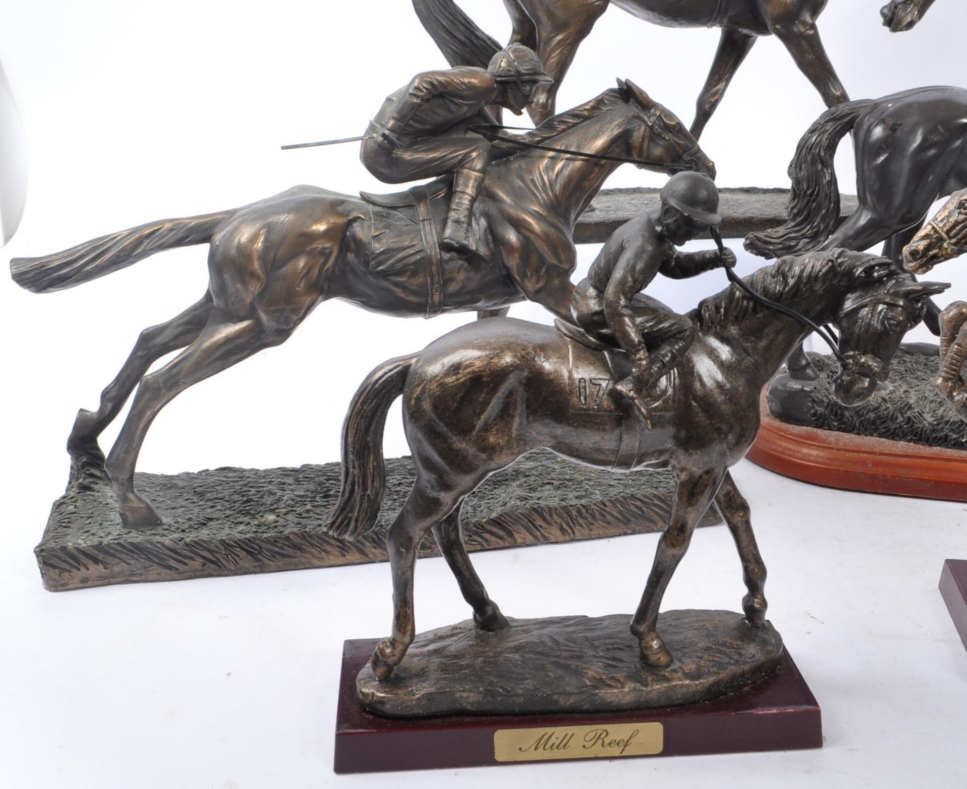 COLLECTION OF BRONZE EFFECT RACING HORSE & RIDERS FIGURES - Image 4 of 8