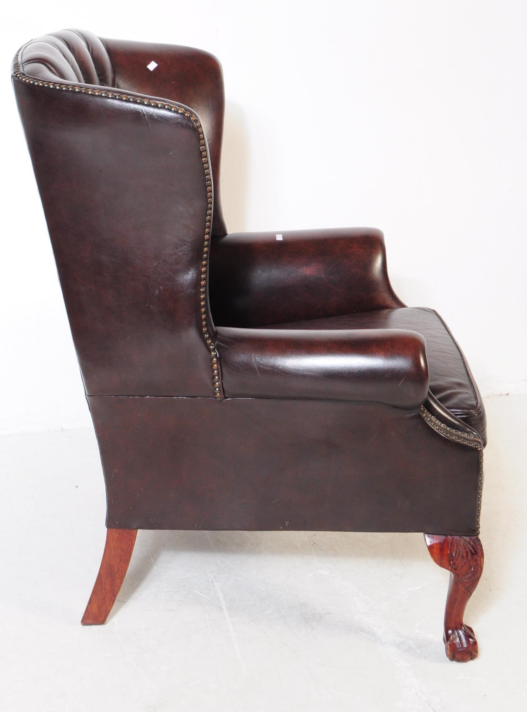 CHESTERFIELD STYLE BROWN LEATHER WINGBACK ARMCHAIR - Image 3 of 4