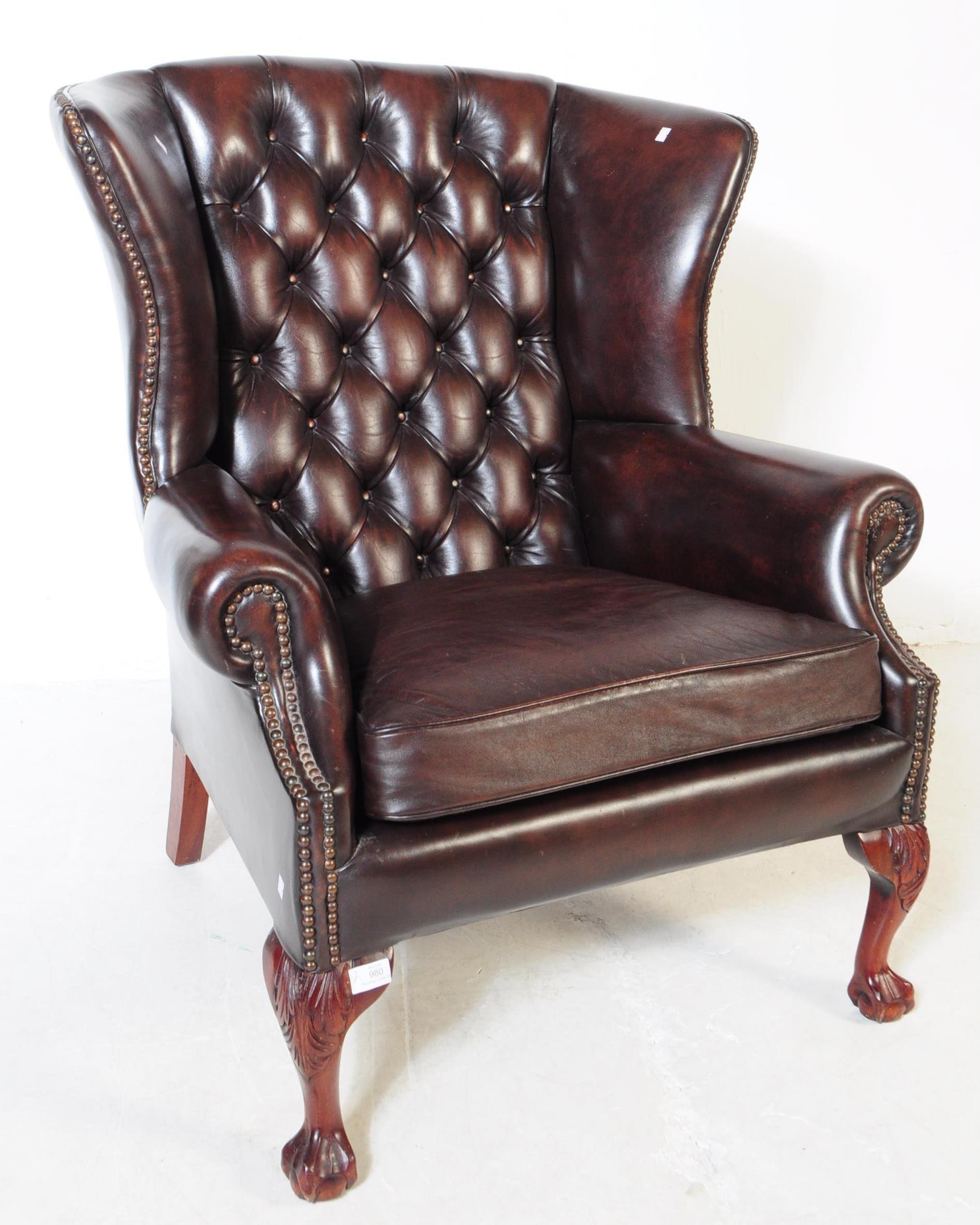 CHESTERFIELD STYLE BROWN LEATHER WINGBACK ARMCHAIR