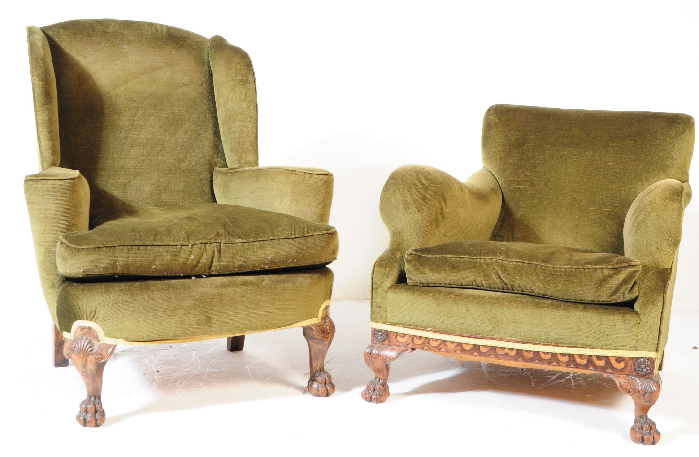 TWO VINTAGE 20TH CENTURY HIS & HERS FIRESIDE ARMCHAIRS
