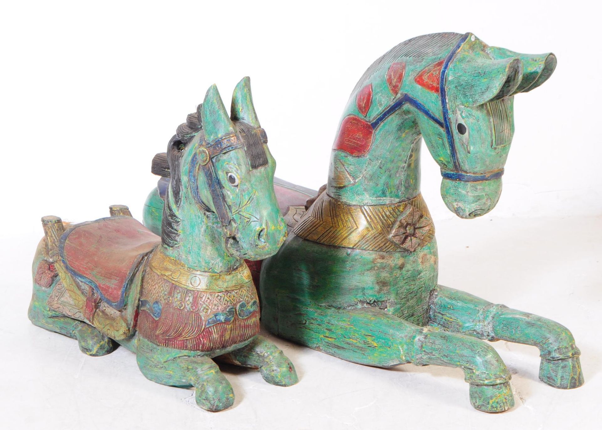 TWO MID 20TH CENTURY FOLK ART SOLID WOOD CARVED HORSES