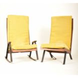 PAIR OF RETRO 20TH CENTURY TEAK AND METAL FRAMED ARMCHAIRS