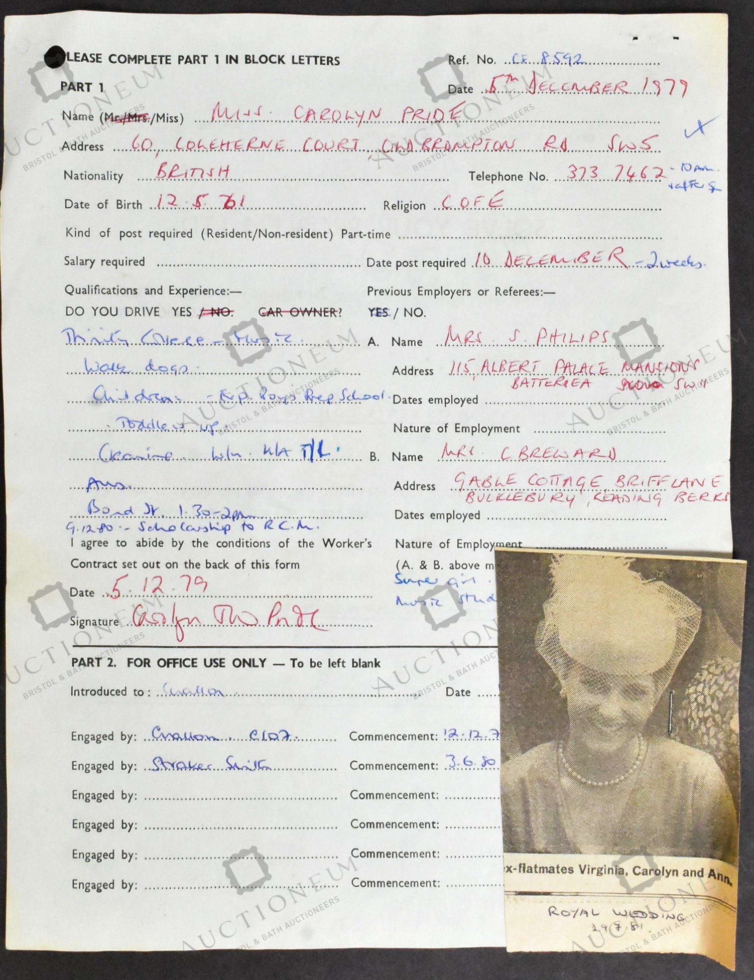 DIANA, PRINCESS OF WALES - 1979 WORK CONTRACT - Image 9 of 11