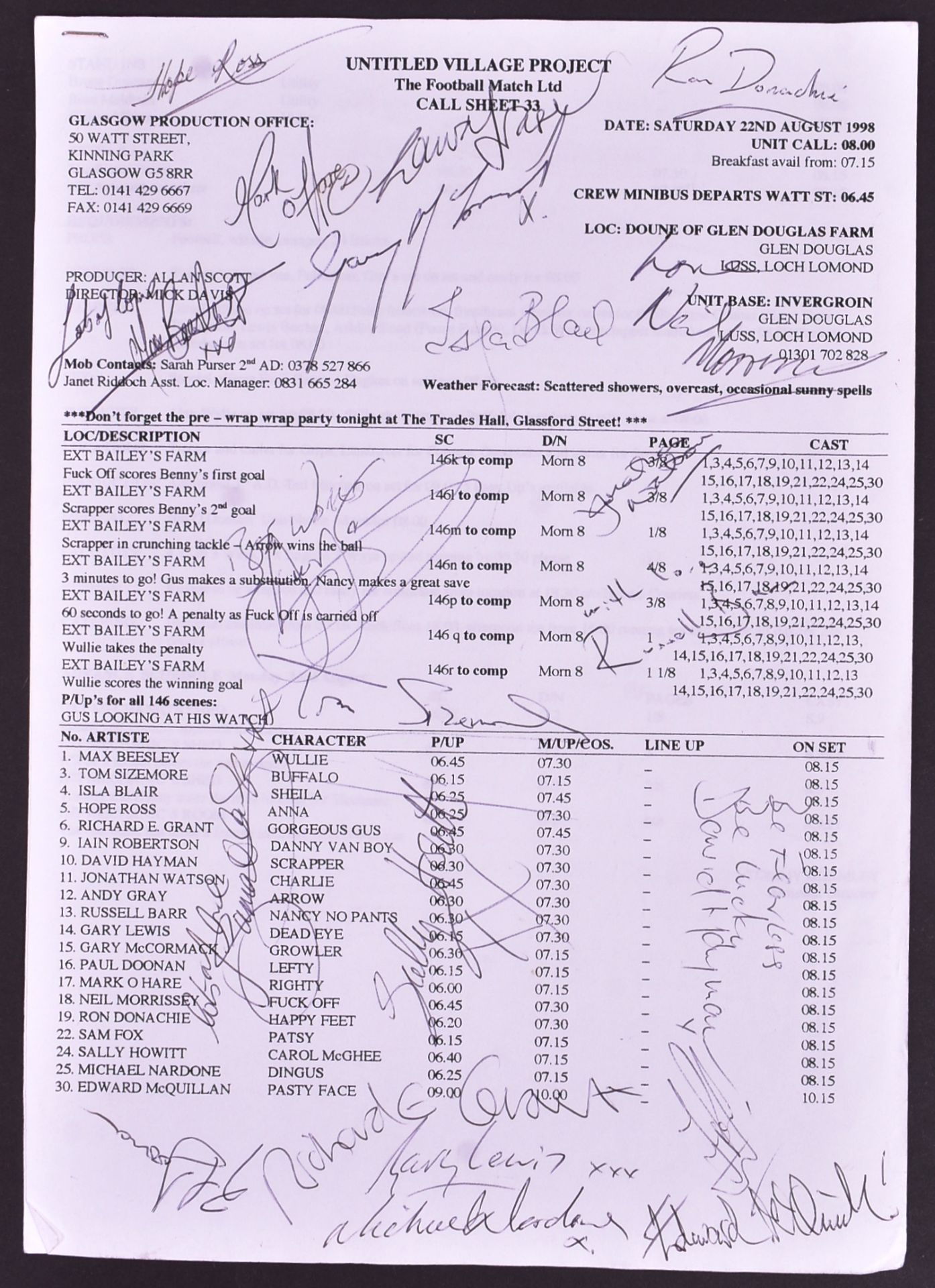 THE MATCH (1999) - TOM SIZEMORE + CAST SIGNED CALL SHEET