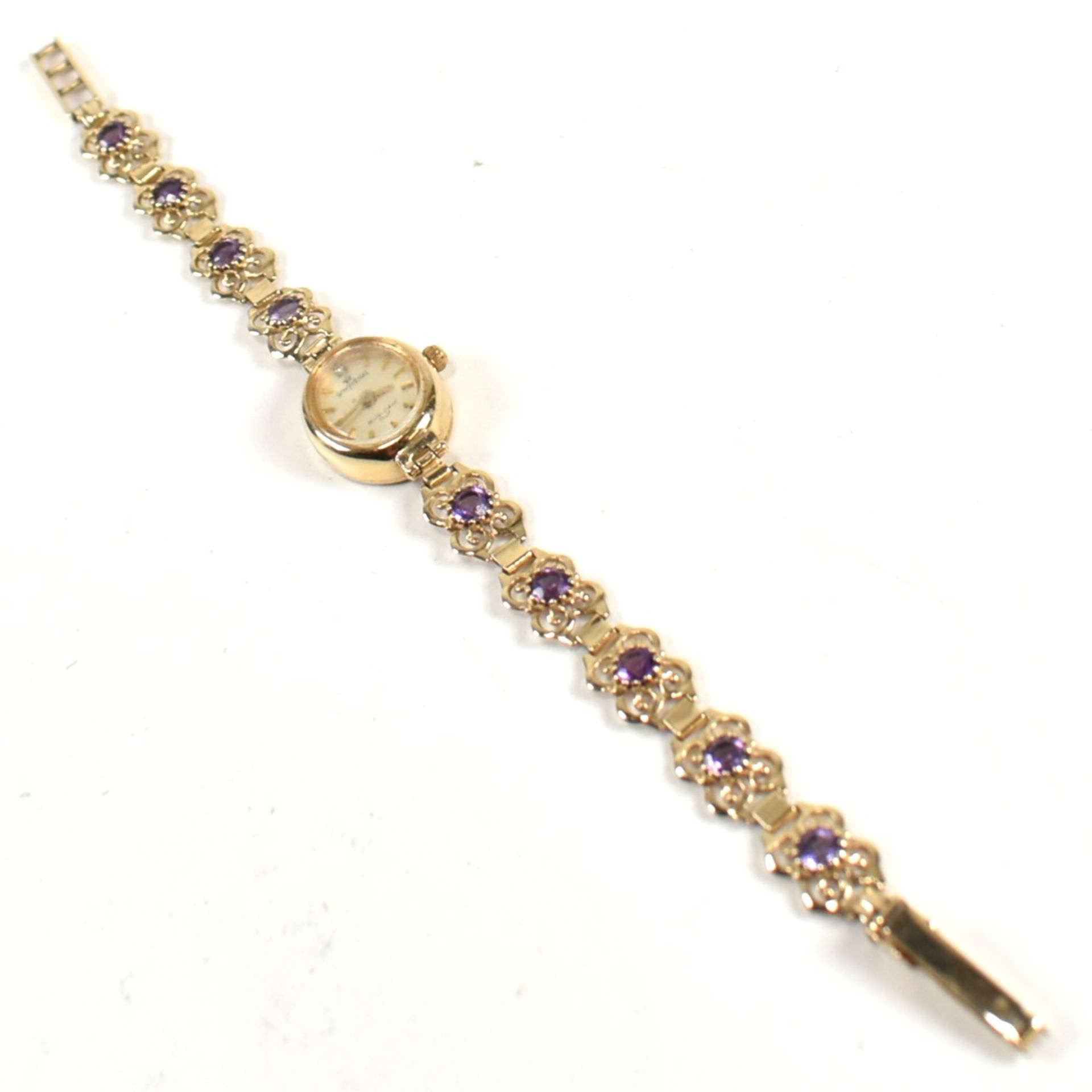 HALLMARKED 9CT GOLD SOVEREIGN WRISTWATCH WITH PURPLE STONES - Image 4 of 5