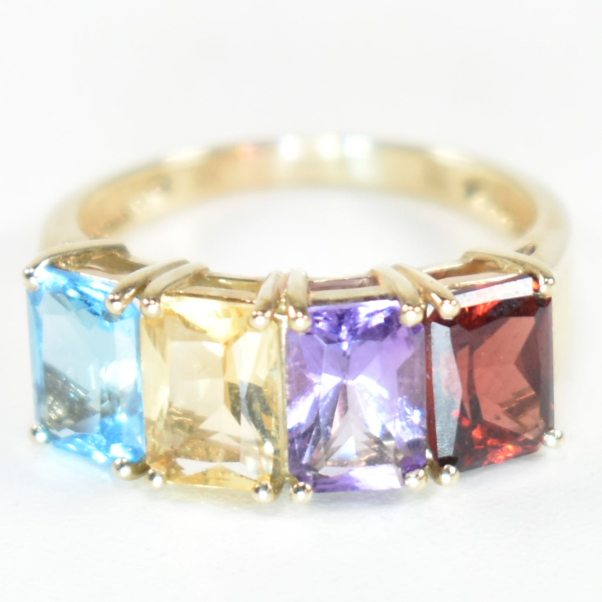 HALLMARKED 9CT GOLD GARNET & AMETHYST & CIRTINE & TOPAZ RING